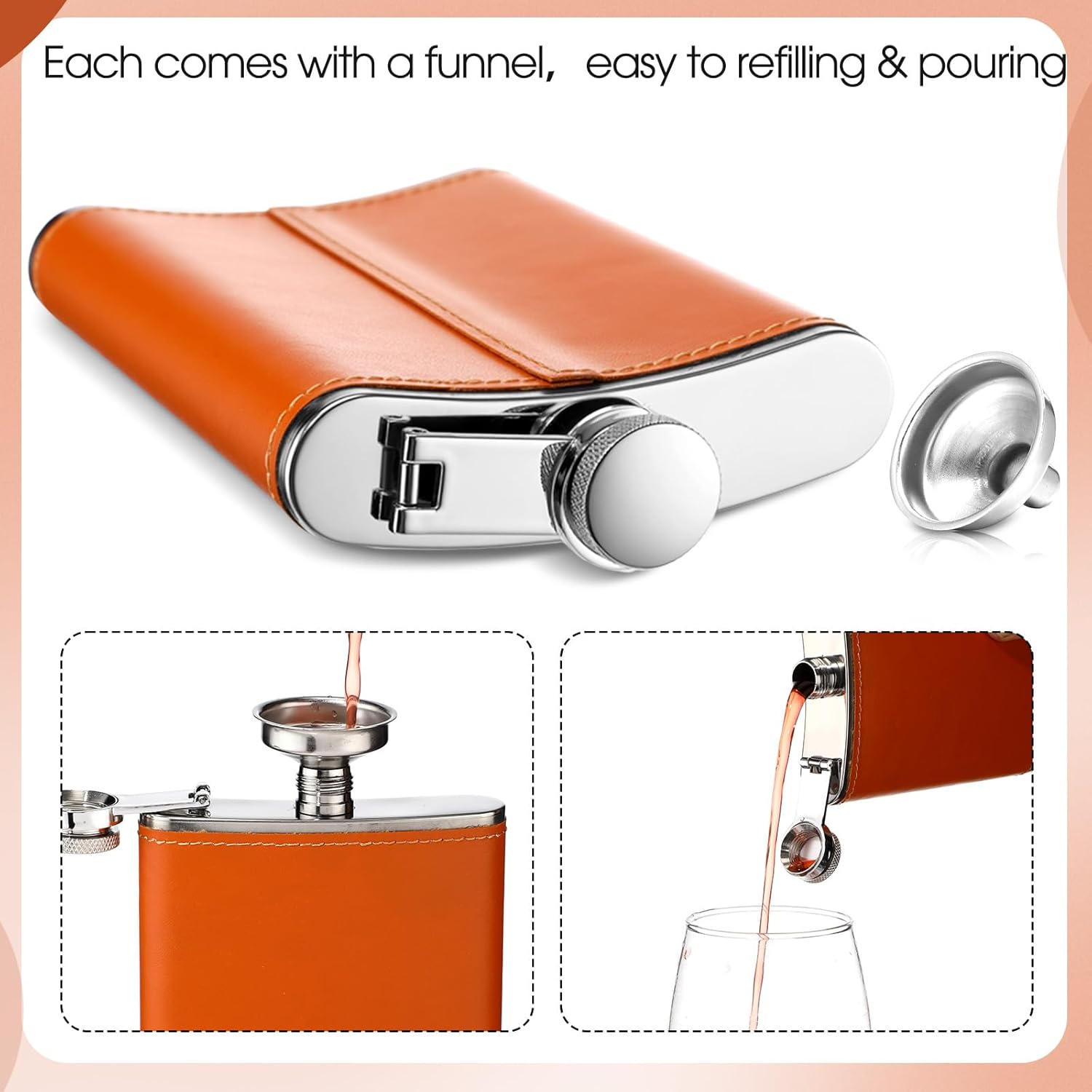 Sieral Leather Hip Whiskey Flask 8 oz Stainless Steel Flask with Funnel and Wine Glasses for Men Women Cocktail Liquor Father's Day Gifts Camping Wedding Party(Light Brown, Dark Brown, Black) - Image 4