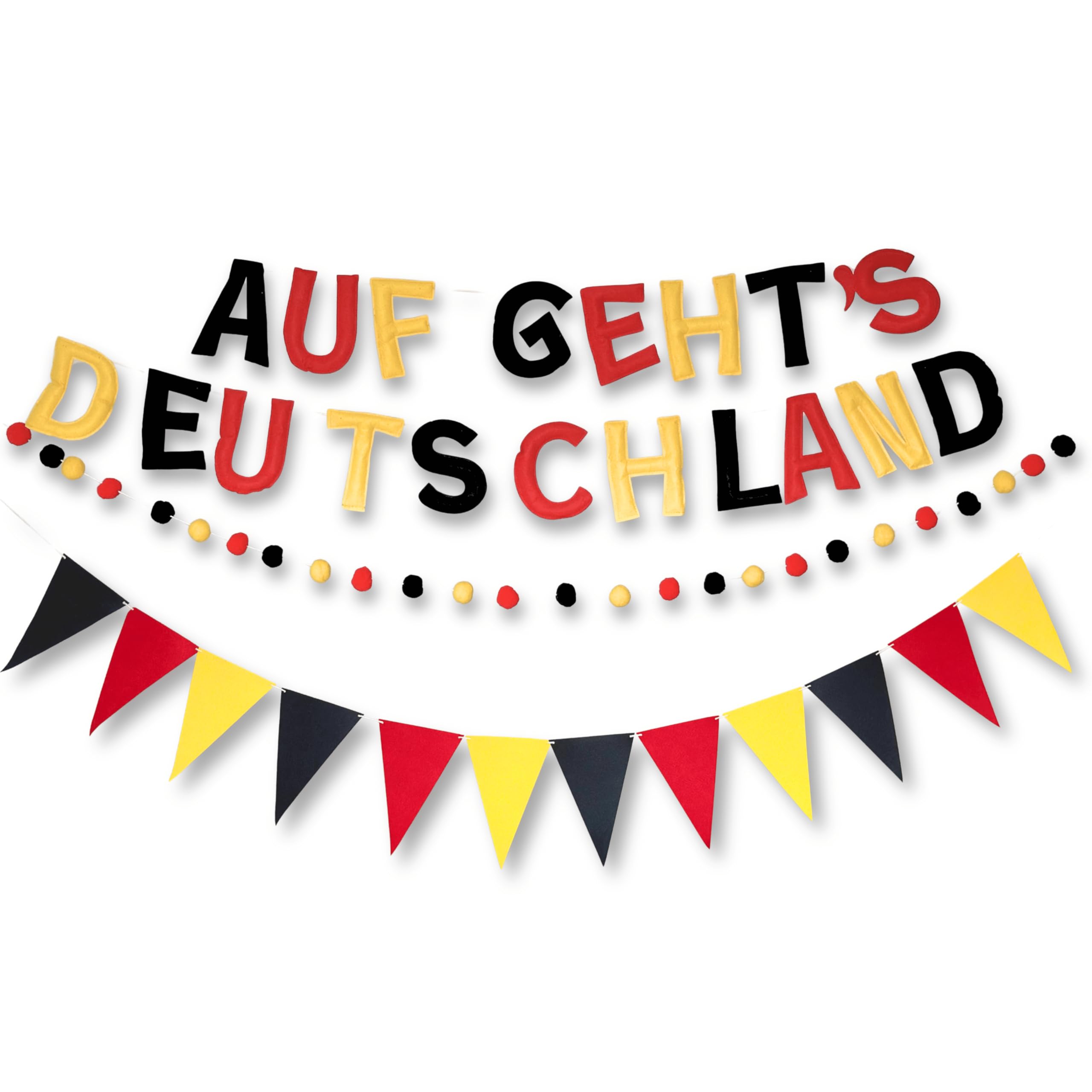 Auf geht’s Deutschland Fan Girlande aus Filz, 3-teiliges Fußball Deko Set | Vorgefädelt & sofort aufhängbar, mit Wimpelkette und Filzkugeln – Fußball PartyDeko für WM-Abend, Garten, Bar & Fanbereich