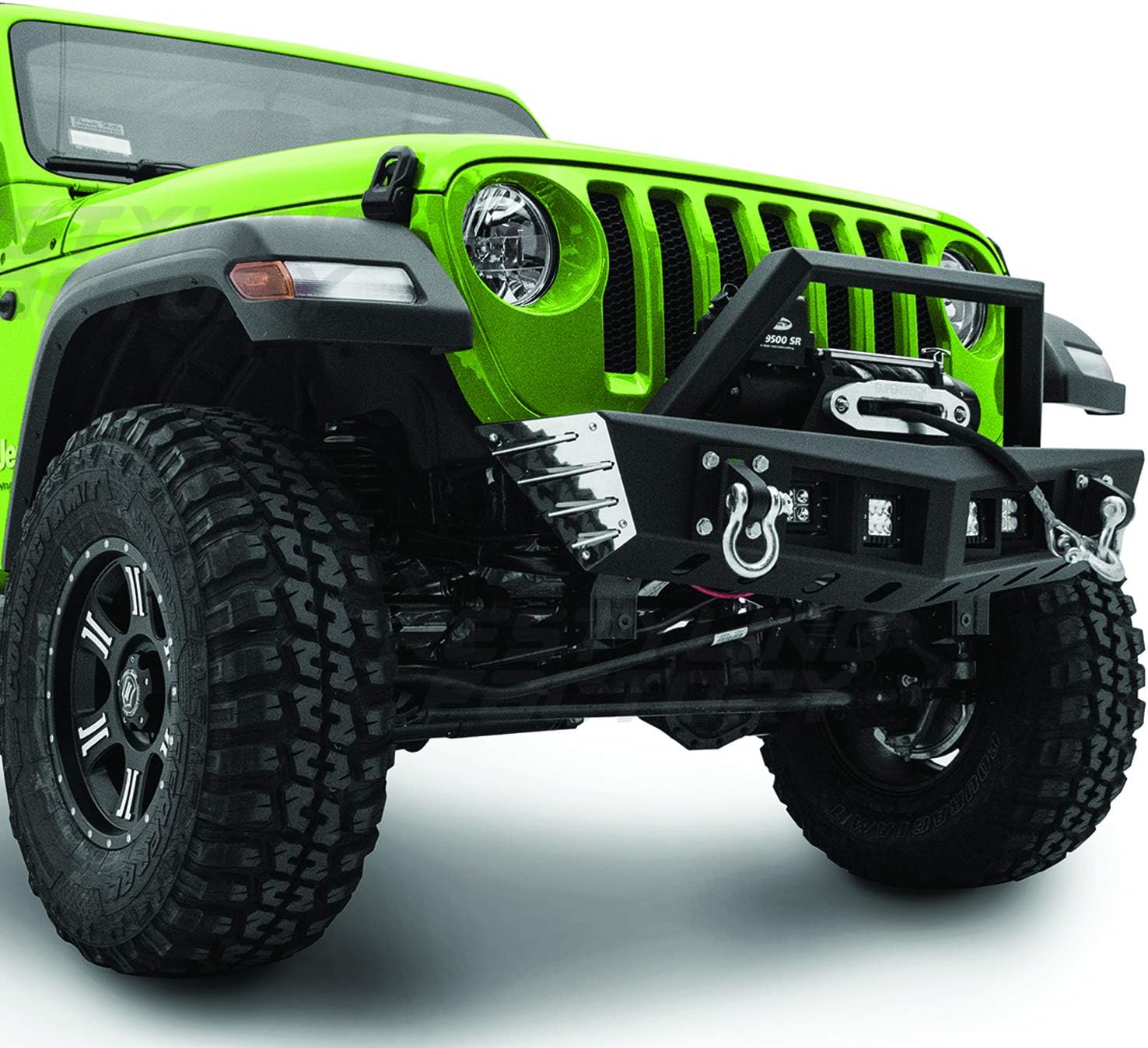 Restyling FactoryBlack Textured Stubby Front Bumper With 2x D-Ring & Winch Plate Built-In 4x 3" LED Lights Mounting Tabs for 18-19 Jeep Wrangler JL (Black)