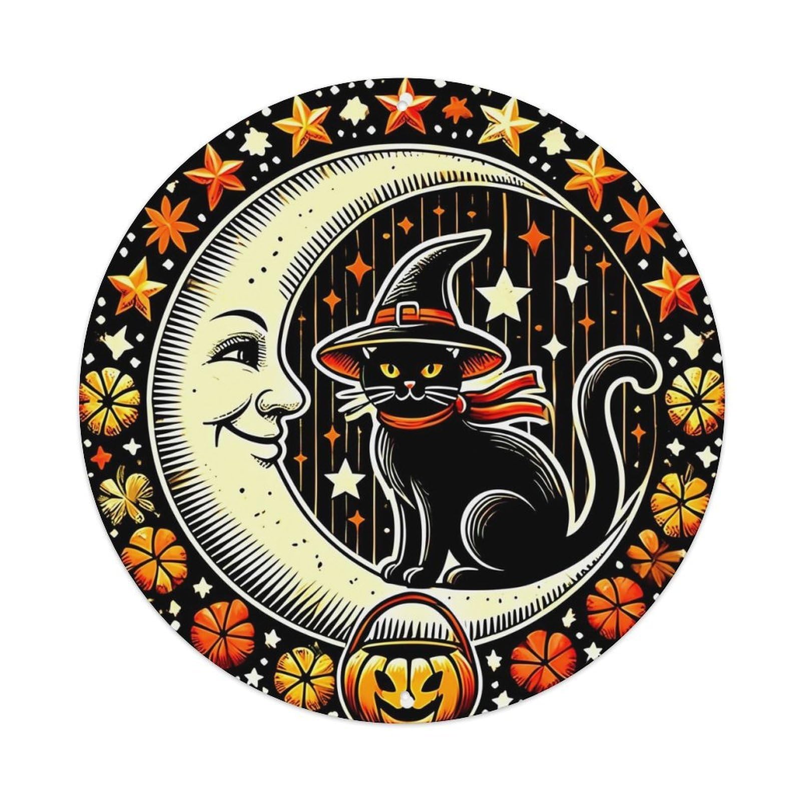 Moon Witch Cat Pumpkin Stars Vintage Round Tin Sign Retro Metal Wall Decor Metal Poster, Home Bar Garage Cafe Wall Art Decoration 8x8Inches
