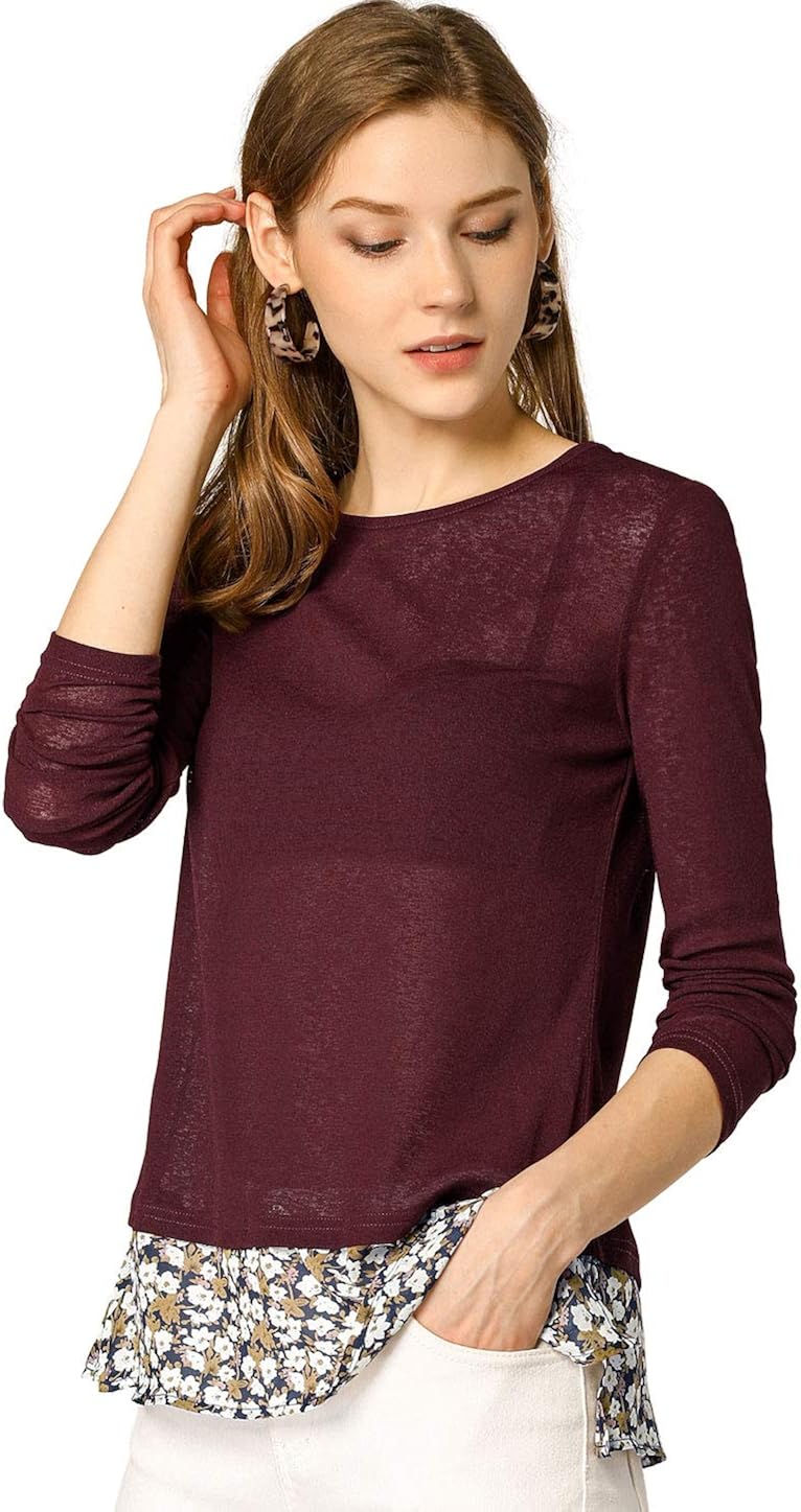 Allegra K Women's Floral Hem Crew Neck Long Sleeves Top Side Slits Work