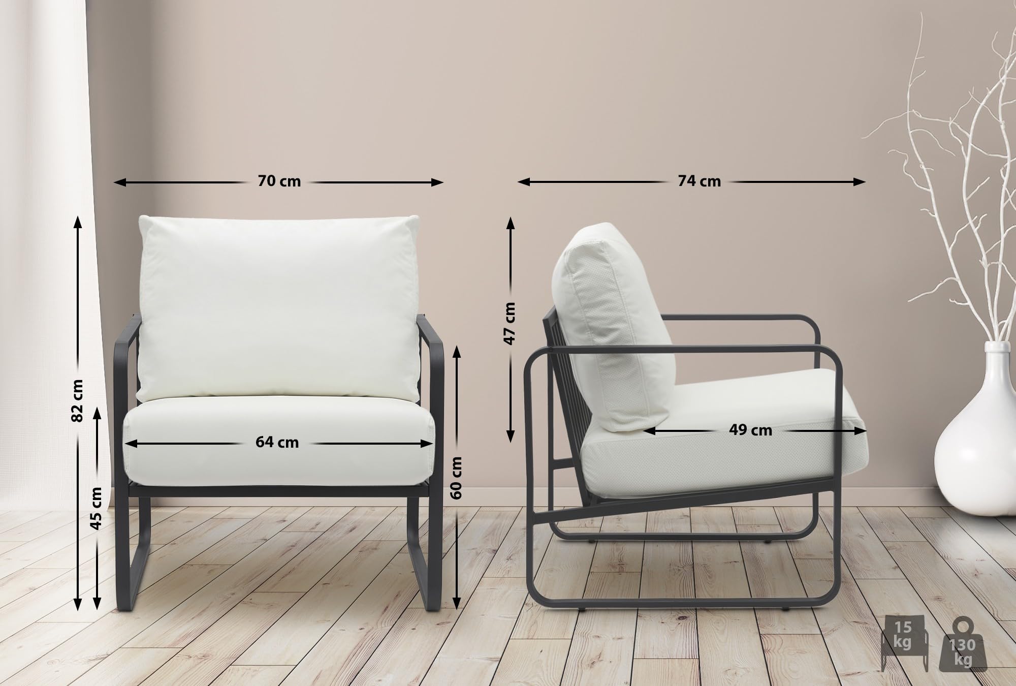 CLP Lounger Manea I Poltrona relax in ecopelle o tessuto I Con robusta struttura in metallo I Poltrona club imbottita, Colore:bianco, Materiale:Ecopelle