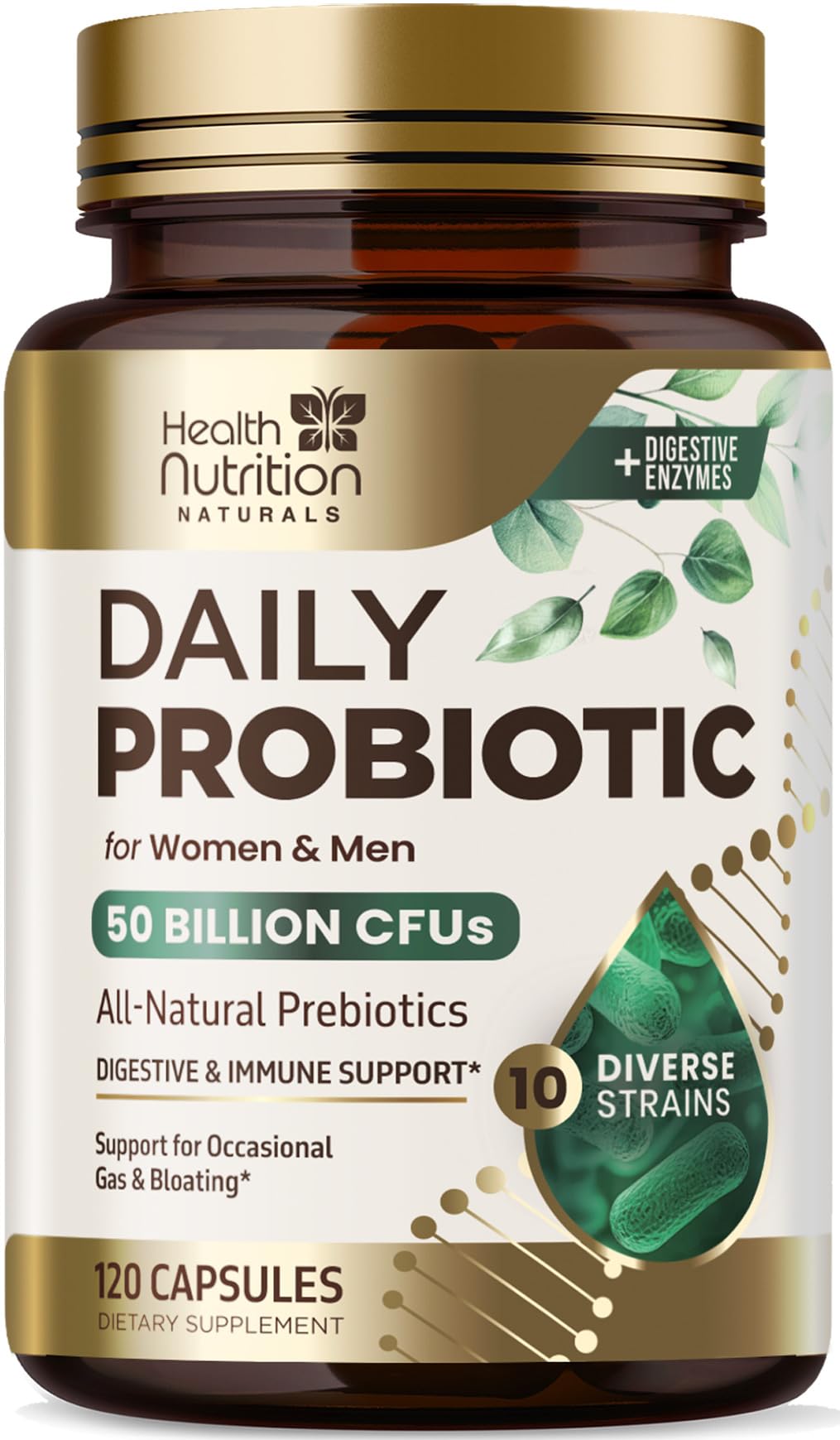 Probiotics 50 Billion CFU + 10 Strains - Max Absorption Daily Probiotic for Women & Men, Lactobacillus Blend for Immune Support, Prebiotics for Digestive & Gut Support, Bottle In USA - 120 Capsules
