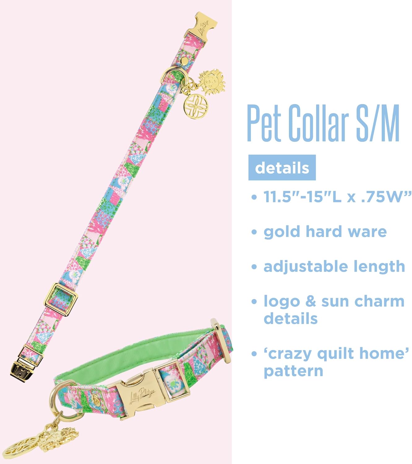 Lilly Pulitzer Pet Collar Small/Medium, Cute Printed Pet Adjustable Nylon Dog Collar with Gold Metal Buckle and Charms (Crazy Quilt Home)