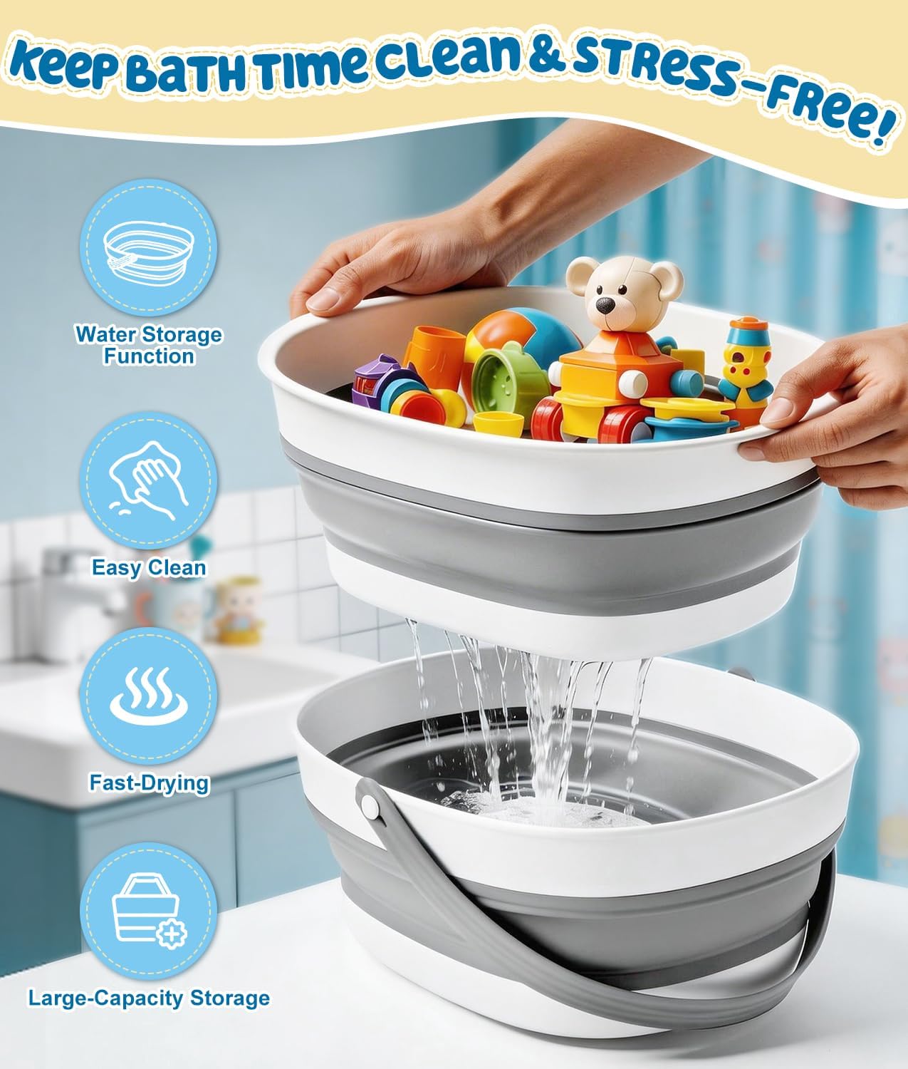 WADEO Large Bath Toy Storage Basket, 2-in-1 Foldable Bathtub Toy Holder, Removable Quick Dry Bathroom Pool Toys Organizer