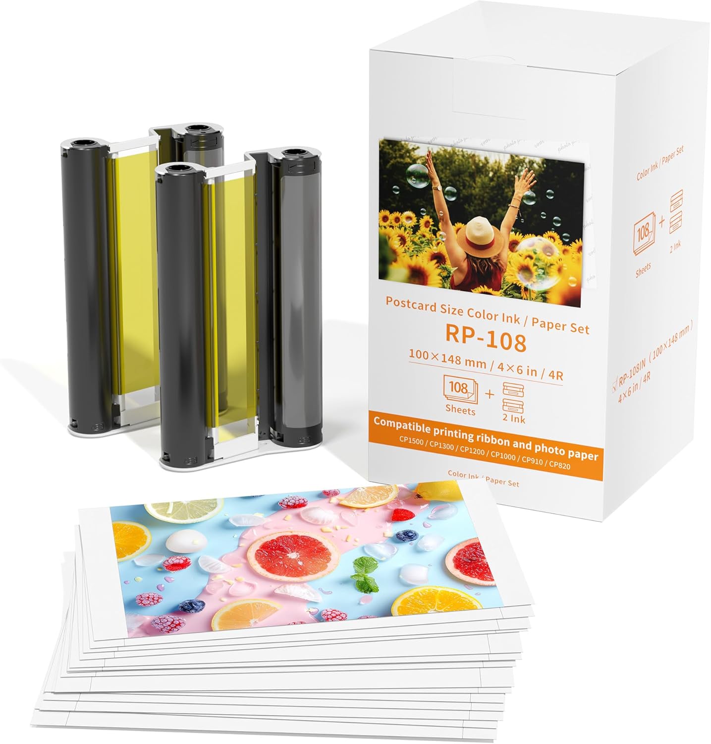 Compatible with Canon Selphy CP1500 CP1300 Ink and Paper, 2 Color Ink and 108 Sheets 4x6 Photo Replacement for Canon Selphy CP1300 CP1500 Photo Paper RP-108IN for CP910/CP820/CP1200/CP1300/CP1500