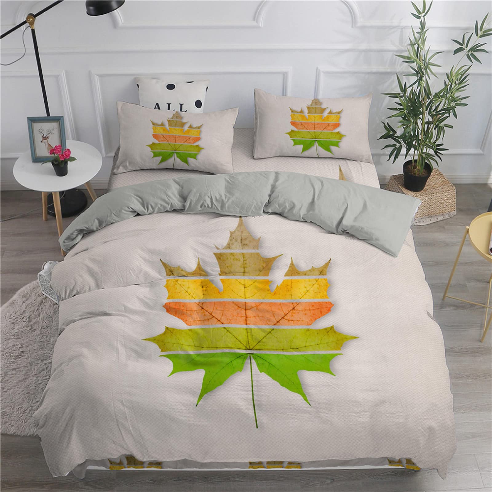Parure de lit 220x240 blanche motif érable en microfibre 110g avec 2 taies