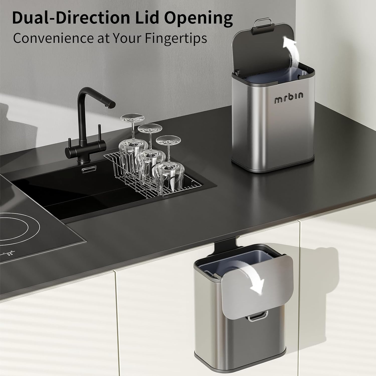 MRBIN Kitchen Stainless Steel Compost Bin with Lid Countertop, 6l / 1.6gal Small Indoor Hanging Trash Can for Cabinet Door, Small Under Sink Food Scraps Garbage Pail, Eclipse-Grey