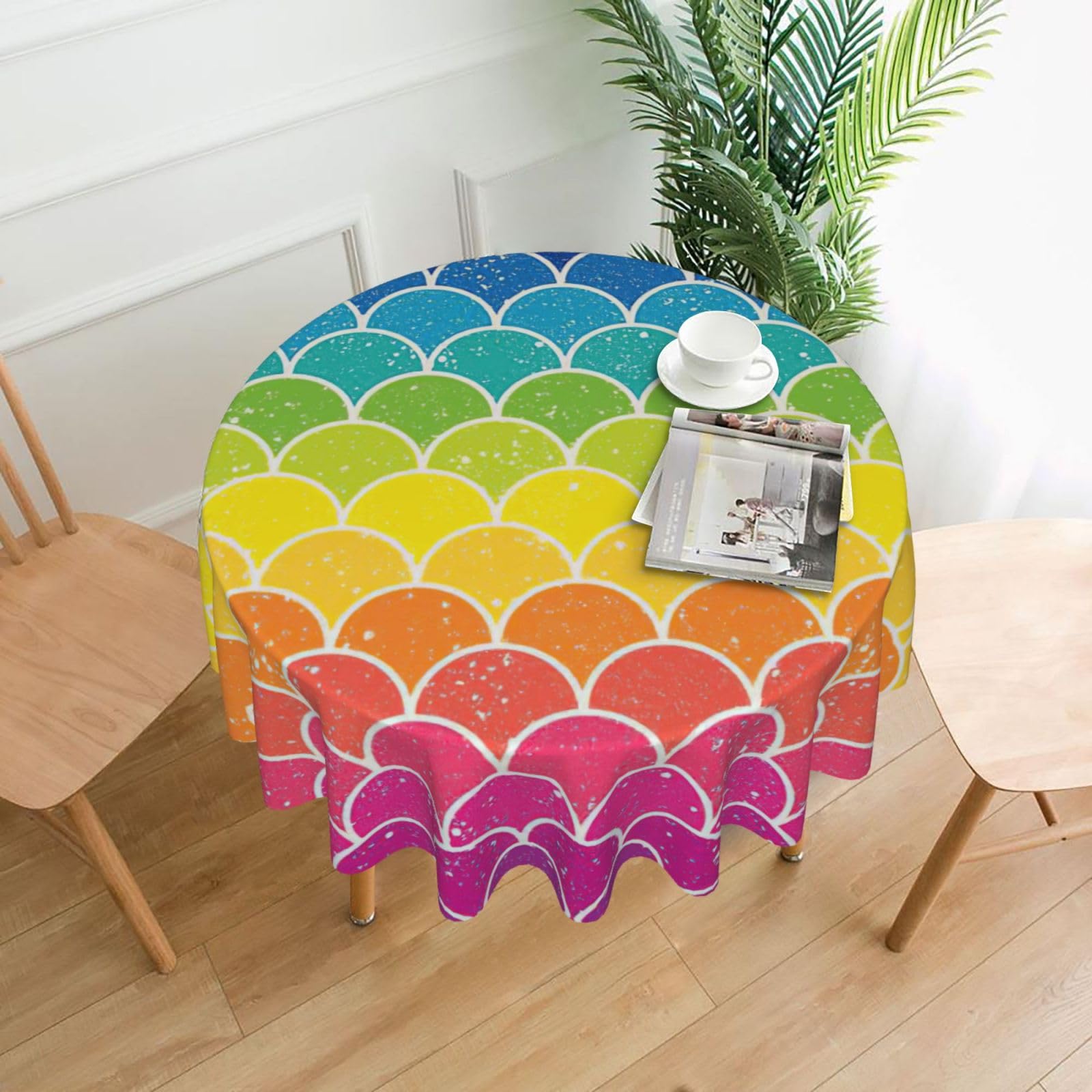 SDEGTHO Rainbow Fish Scale Print Modern Retro Round Tablecloth 60in Polyester Fabric Cover for Party Dining Table Washable