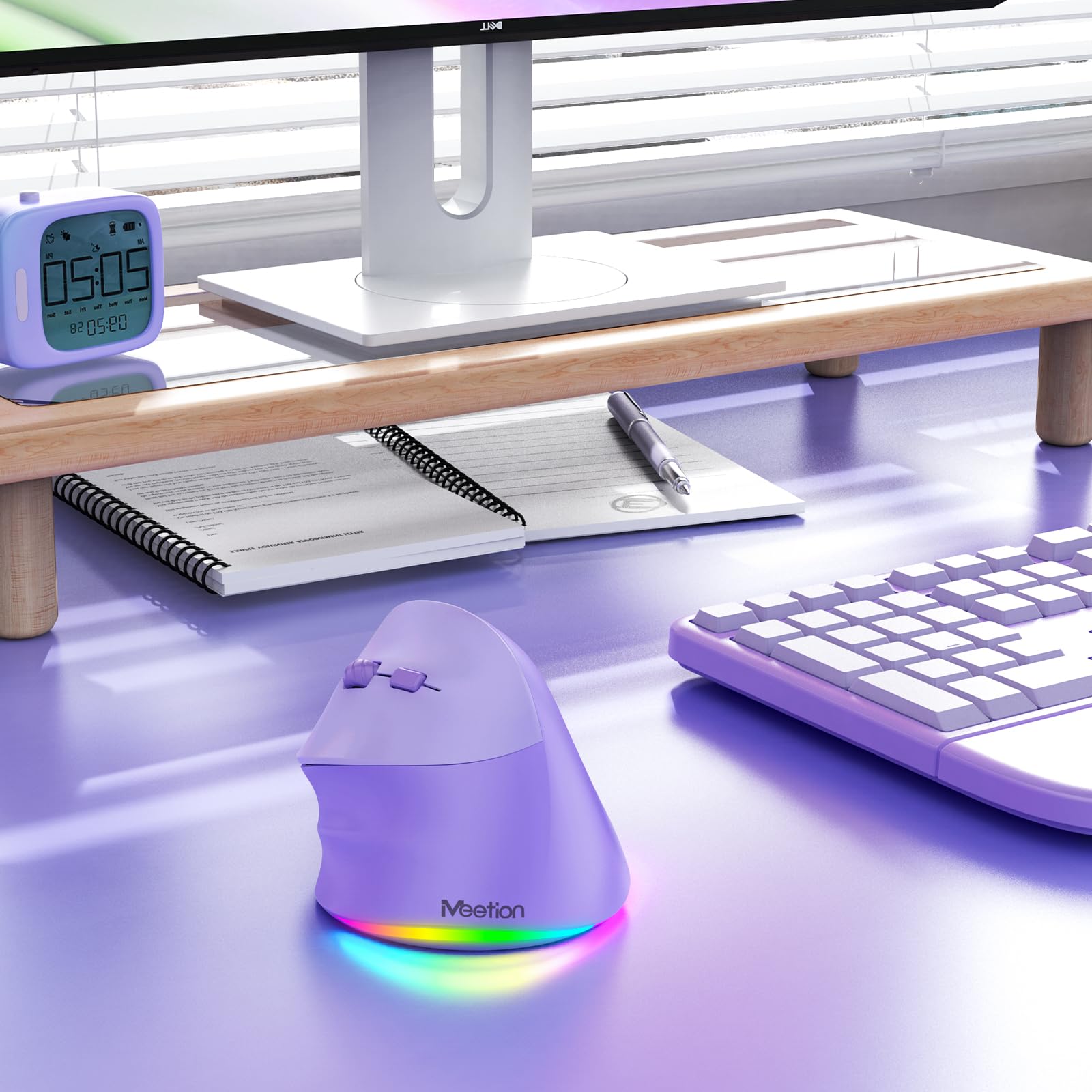 MEETION mouse vertical ergonómico inalámbrico para zurdos, recargable, morado | Dual Bluetooth 5.2/3.0 + USB, iluminación RGB, 4 DPI ajustables, compatible con Windows, Mac, PC, iPad y tabletas