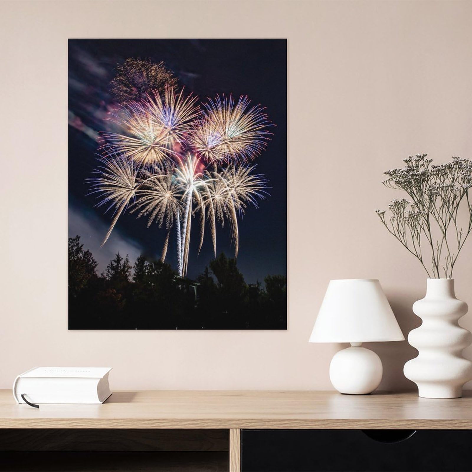 Amazon.co.jp: 絵画 夜の公園で花火が上がるインテリア 絵画 花火大会