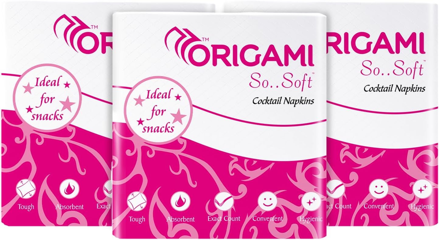 Origami So Soft Cocktail Paper Napkins | Tough, Super Absorbent Multipurpose Tissue | Food Contact Safe, Ideal for Snacks, Parties & Daily Use - Pack of 3 (100 Pulls Per Pack, Total 300 Sheets)