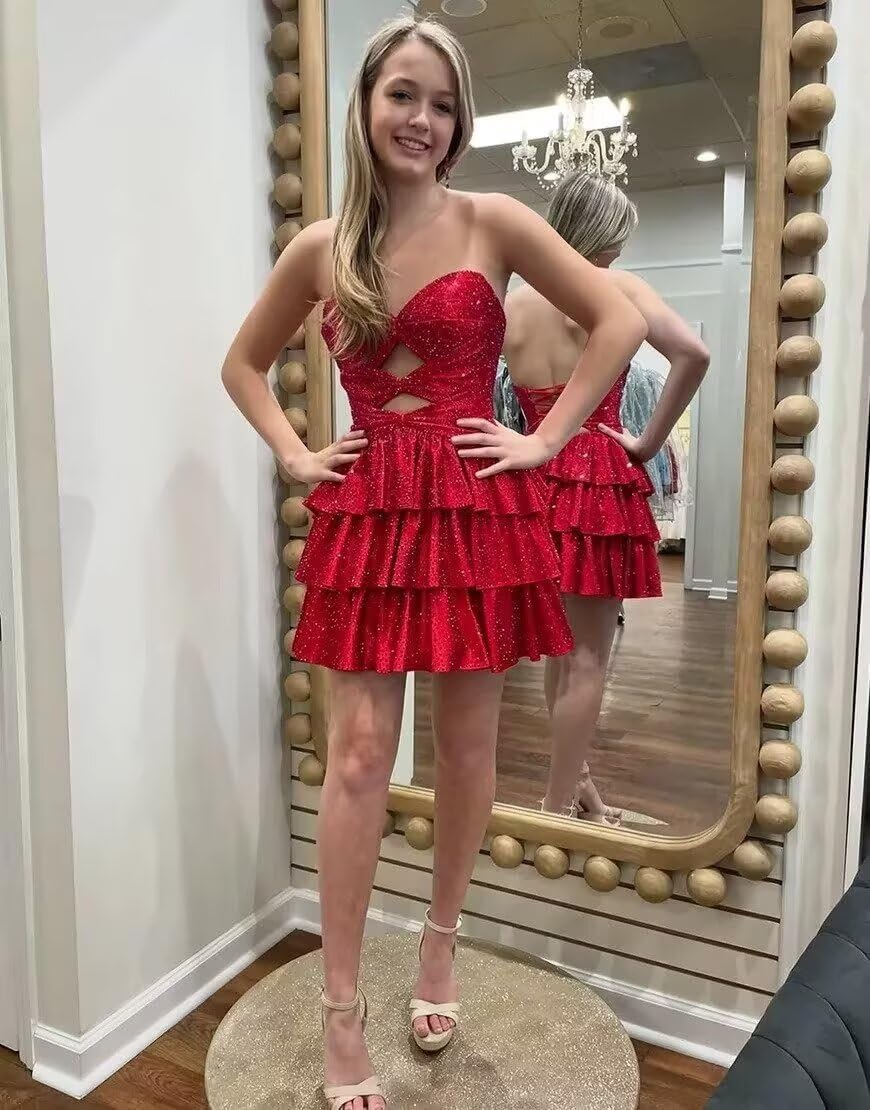 Sparkle Sequins Homecoming Dresses for Teens 2025 Strapless Tiered Short Cocktail Party Gown Cut Out Mini Prom Dress
