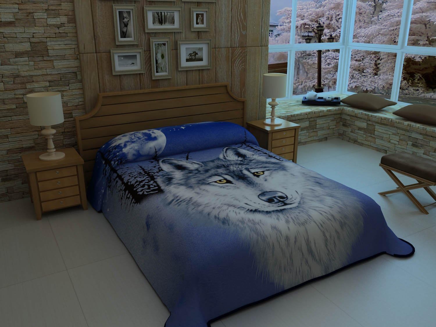 Alaska Wolf Blue Ivory Print Bed Blanket King or Queen Size