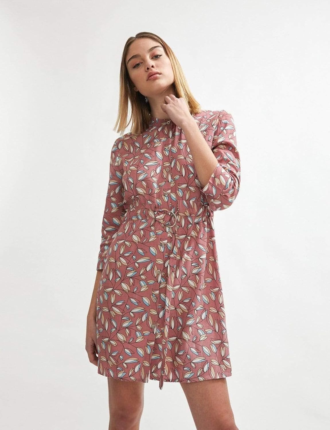 Shuuk Romantic Shirt Dress with D-Ring Belt 3/4 Sleeves & Silver Button Closure