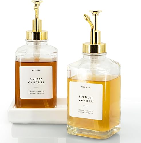 Molimoli Botella dispensadora de aceite cuadrada de oliva para cocina, dispensador de jarabe de café con vertedor automático, dispensador de