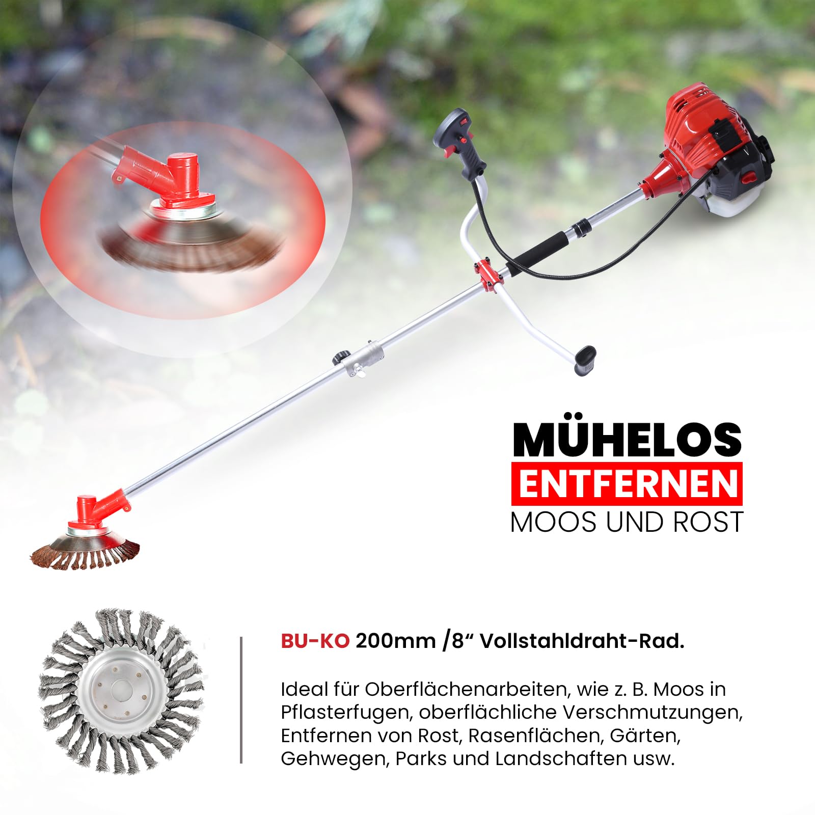 BU-KO 52cc Motorsense Benzin Rasentrimmer Garden Tool inklusive: String Trimmer, Freischneider mit 3T Blade, Stahldraht Strummer Wildkrautbürste Schneidemesser. Tolles Outdoor Tool
