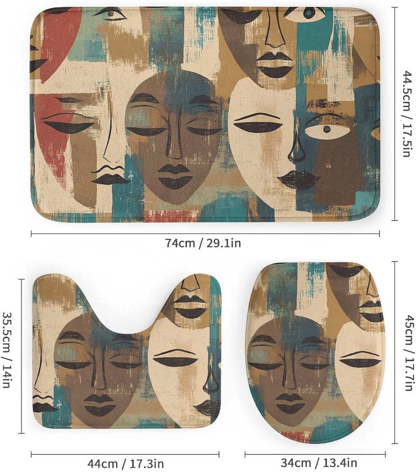 African Faces Art Masks Modern Bathroom Sets with Shower Curtain and Rugs Decor 4 Pcs with 12 Hooks
