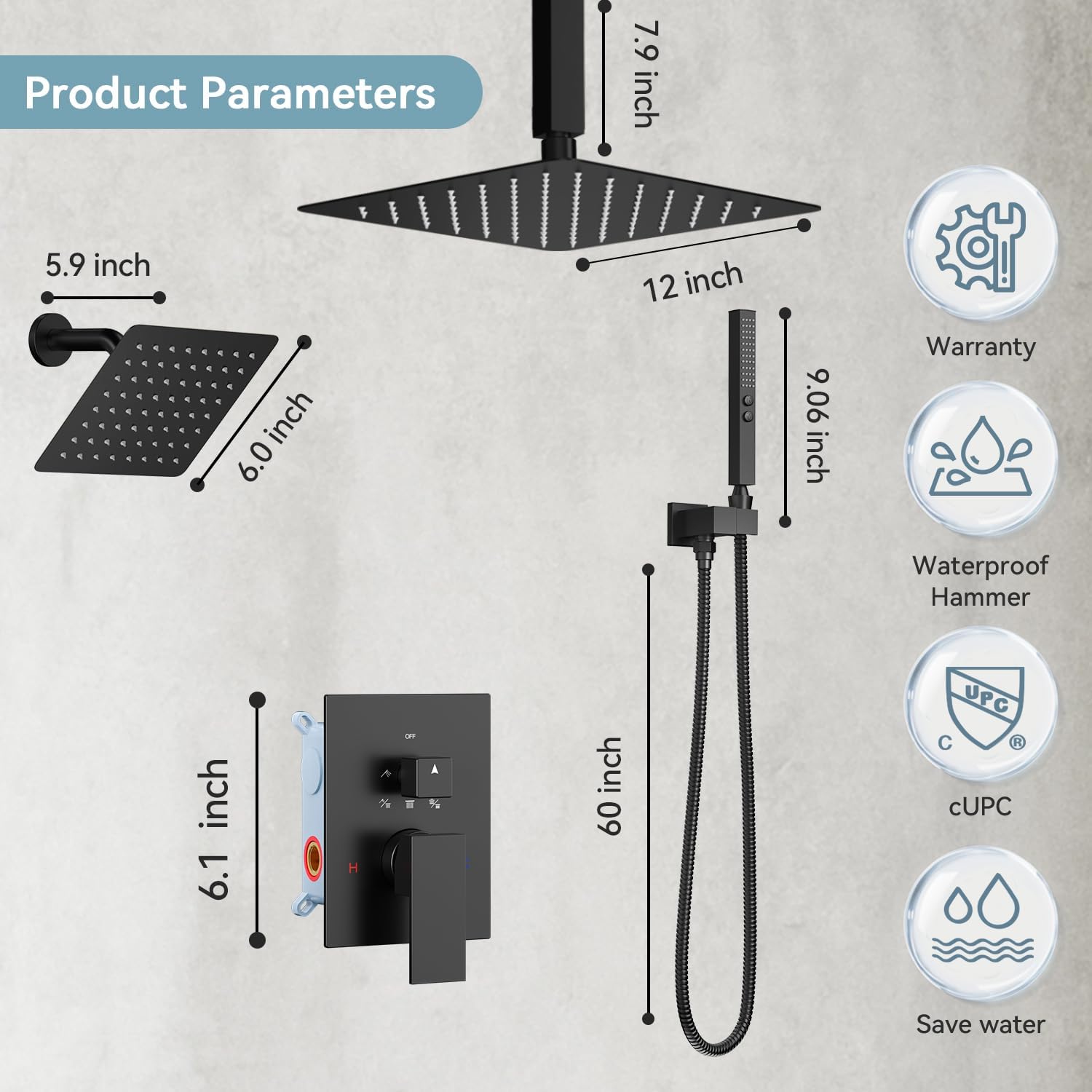 Shower Systems Matte Black Shower Faucet Sets,Bostingner Five Function Diverter Dual Head Shower Set,12'' Ceiling Mount and 6’‘ Wall Mount Rainfall Shower System with 2 in 1 Handheld Spray