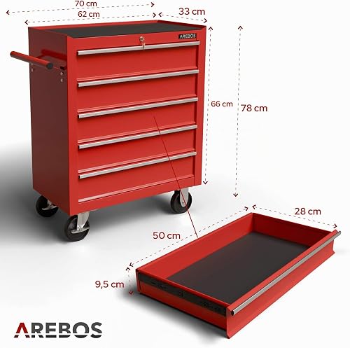 Arebos Workshop trolley 5 compartments | Tool Cabinet on Wheels | with 5 Drawers | Lockable| incl. anti-slip mats | 2 castors with parking brake (red) - 9