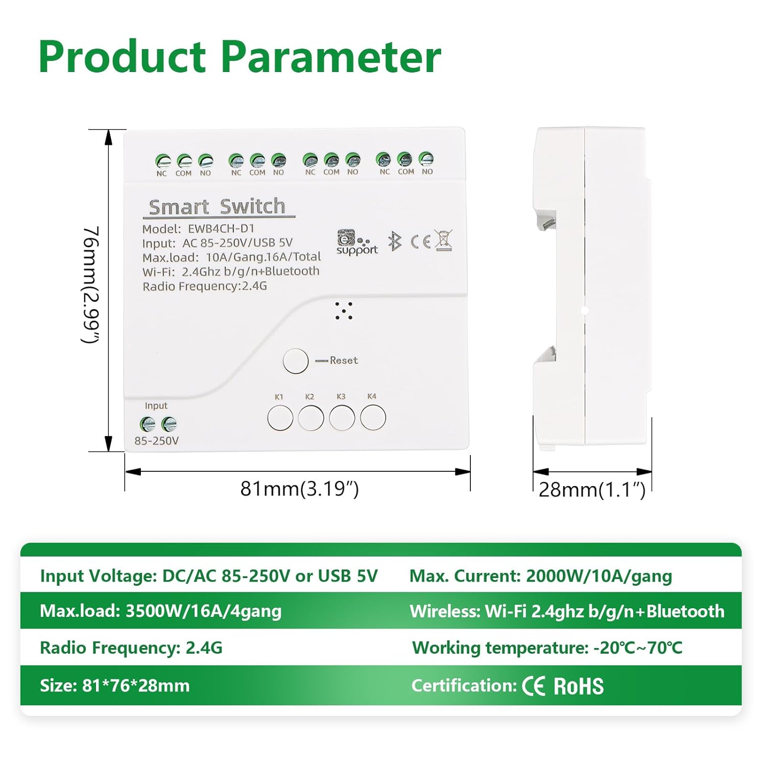 Wengart Smart WiFi Relay Switch dimensions and technical parameters