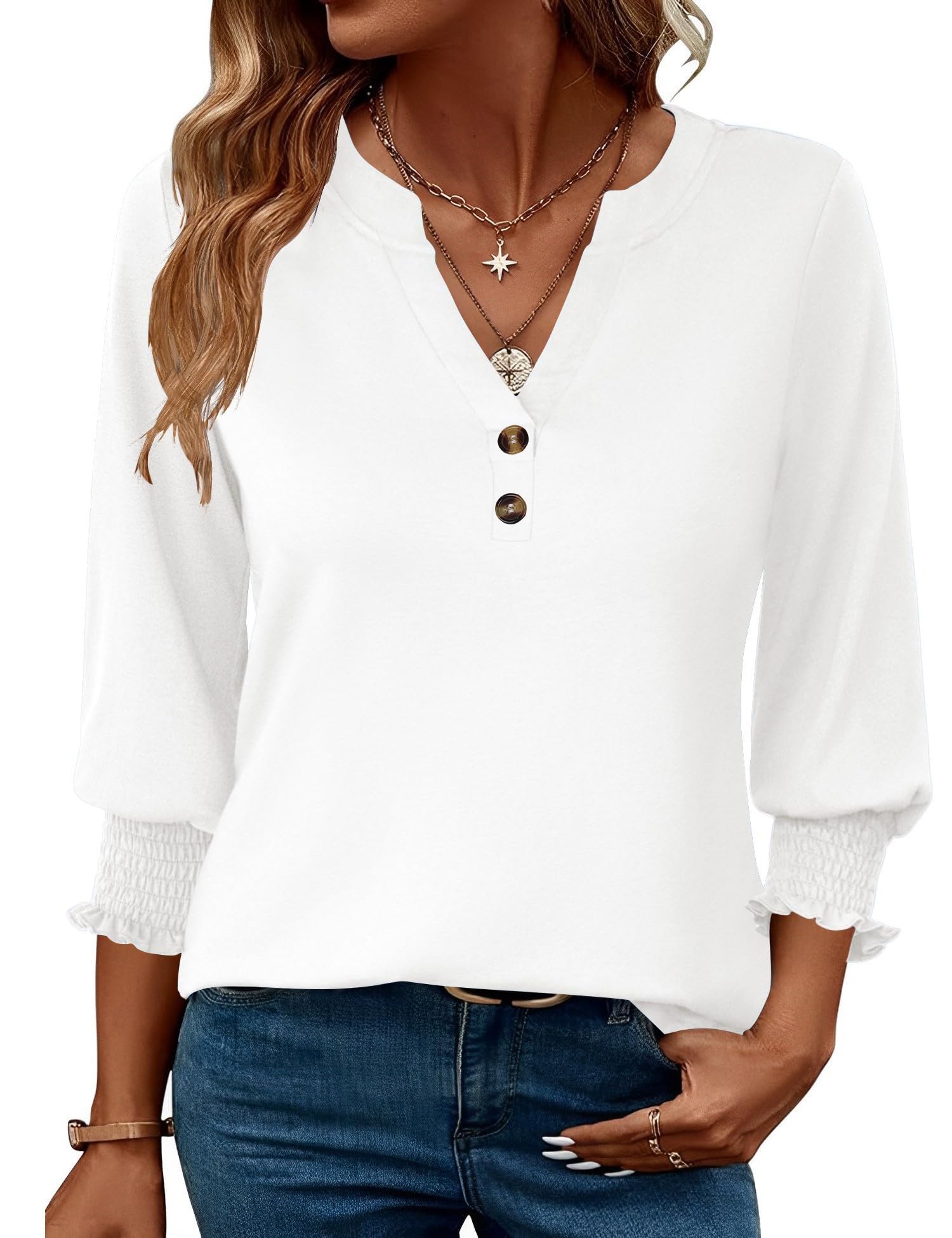 Enqoole Bluse Damen V Ausschnitt 3/4 Arm Shirt Business Casual Oberteil | Langarmshirt,Elegant Sommer Tunika,Locker Tshirt mit Knöpfen,Mode 2026