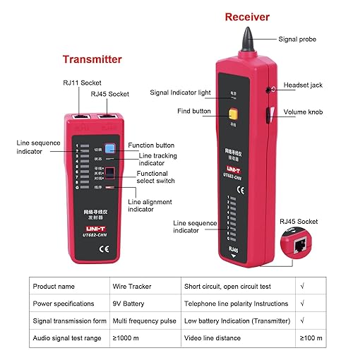 Miniatura 4 de UNI-T Kit de sonda de tono de seguimiento de alambre de red Probador Línea de teléfono de mano RJ11 RJ45 Buscador de cable de alimentación
