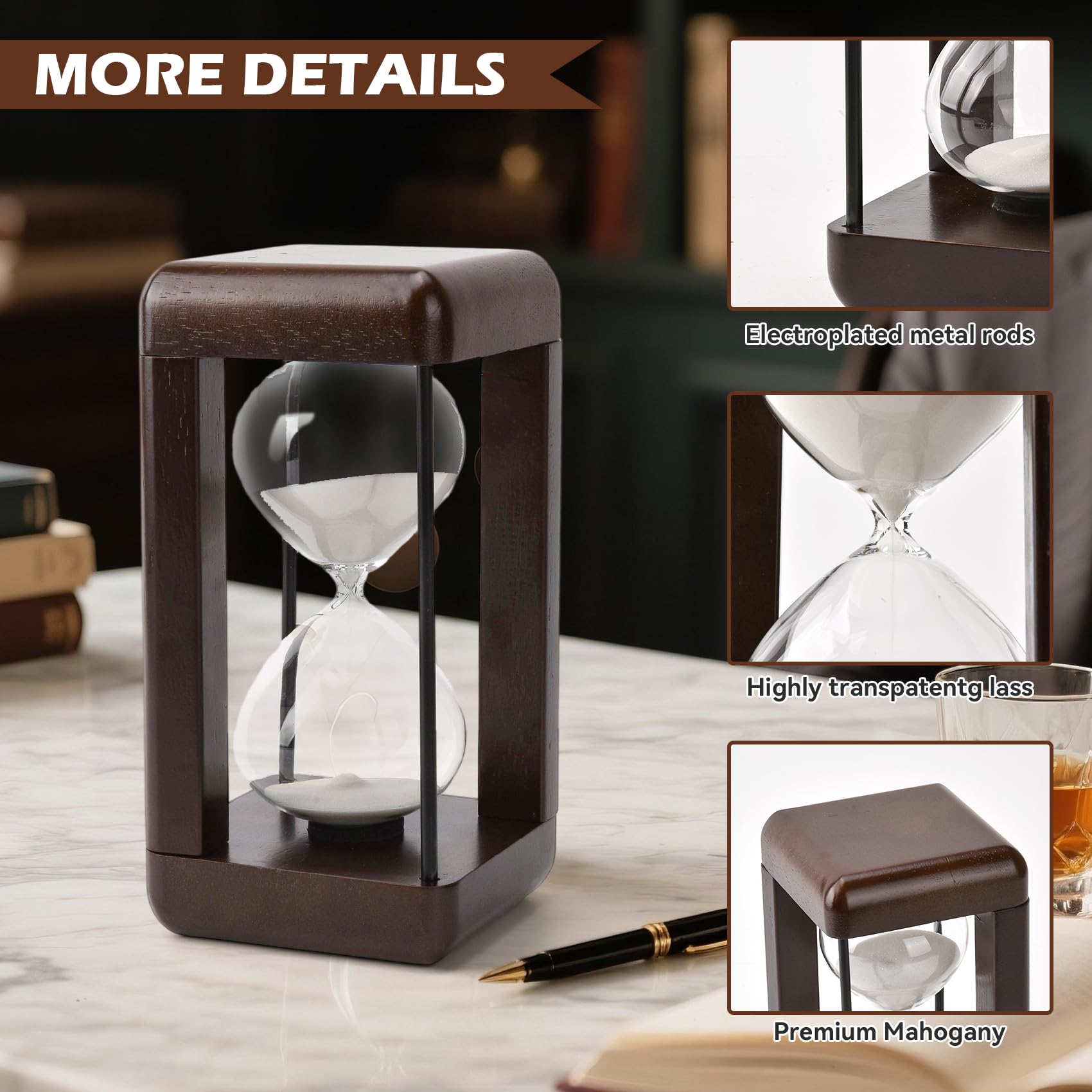 Sanduhr 60 Minuten,Premium Sanduhr aus Walnussholz, Sanduhren Timer, Tischdekoration, geeignet zum Kochen,Zähneputzen,Büro, Hochzeitsdekoration (Weiß)