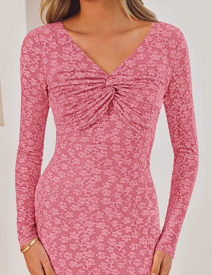 ZESICA Women's Fall Floral Long Sleeve Bodycon Dress 2026 Elegant V Neck Cocktail Party Long Midi Dresses - Image 4