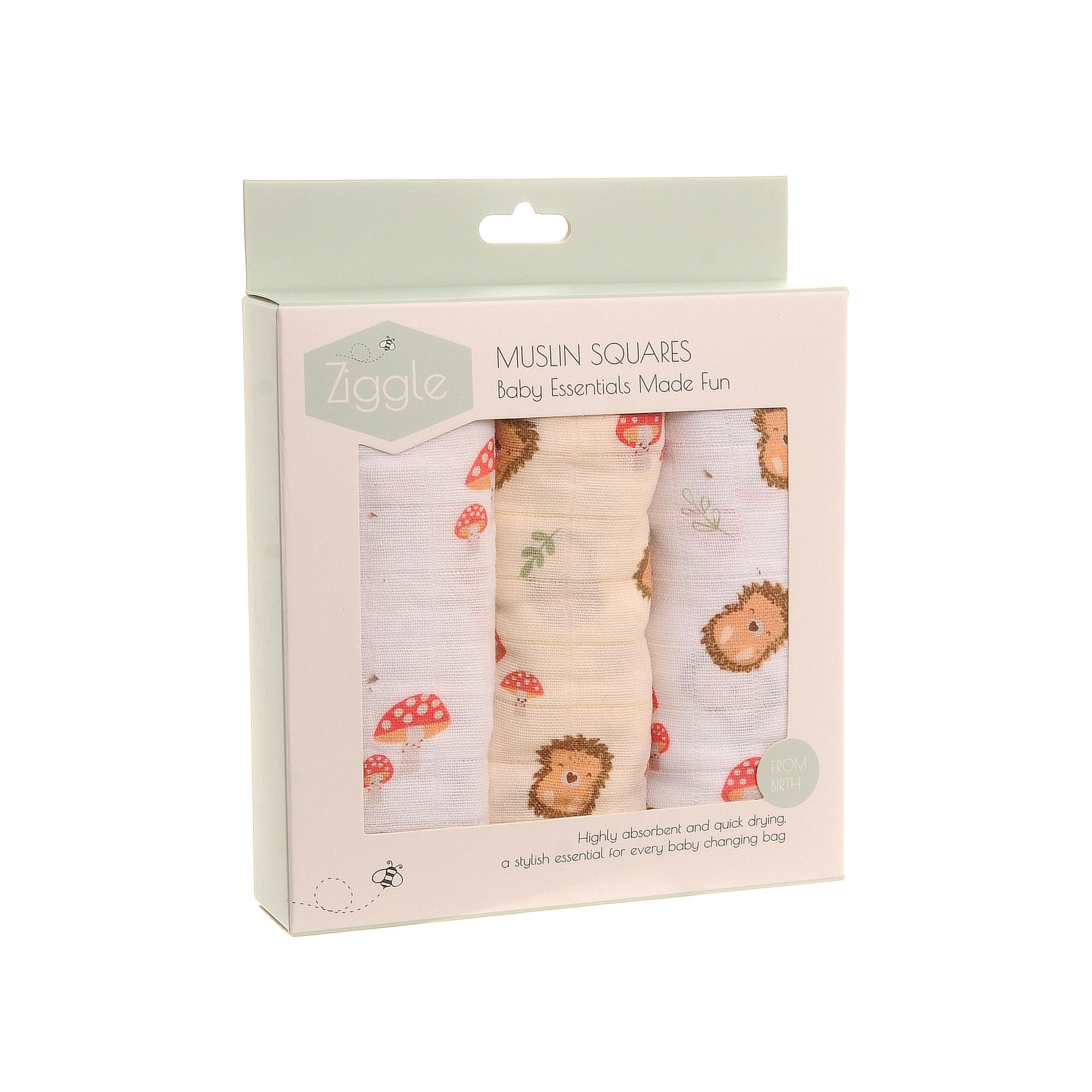 Muslins - Hedgehogs/Woodland - 3 x 70x70cms - Suitable From Birth - Ziggle