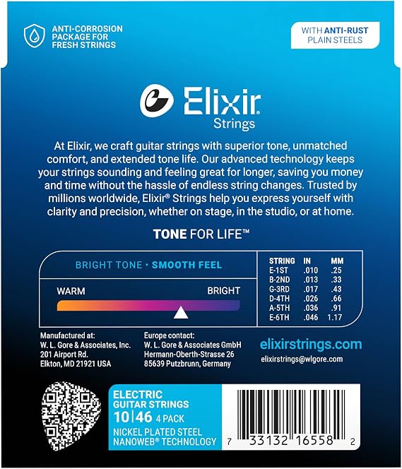 Elixir® Strings Electric Guitar Strings with NANOWEB® Technology, Light (.010-.046) - 4 Pack