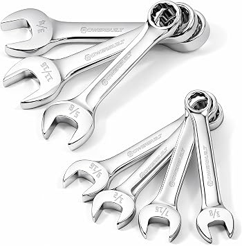 Powerbuilt Stubby Combination Wrench Tool Set, 7 Piece SAE Sizes, Open End and Z-Drive Hex Wrenches, 15 Degree Offset - 640203