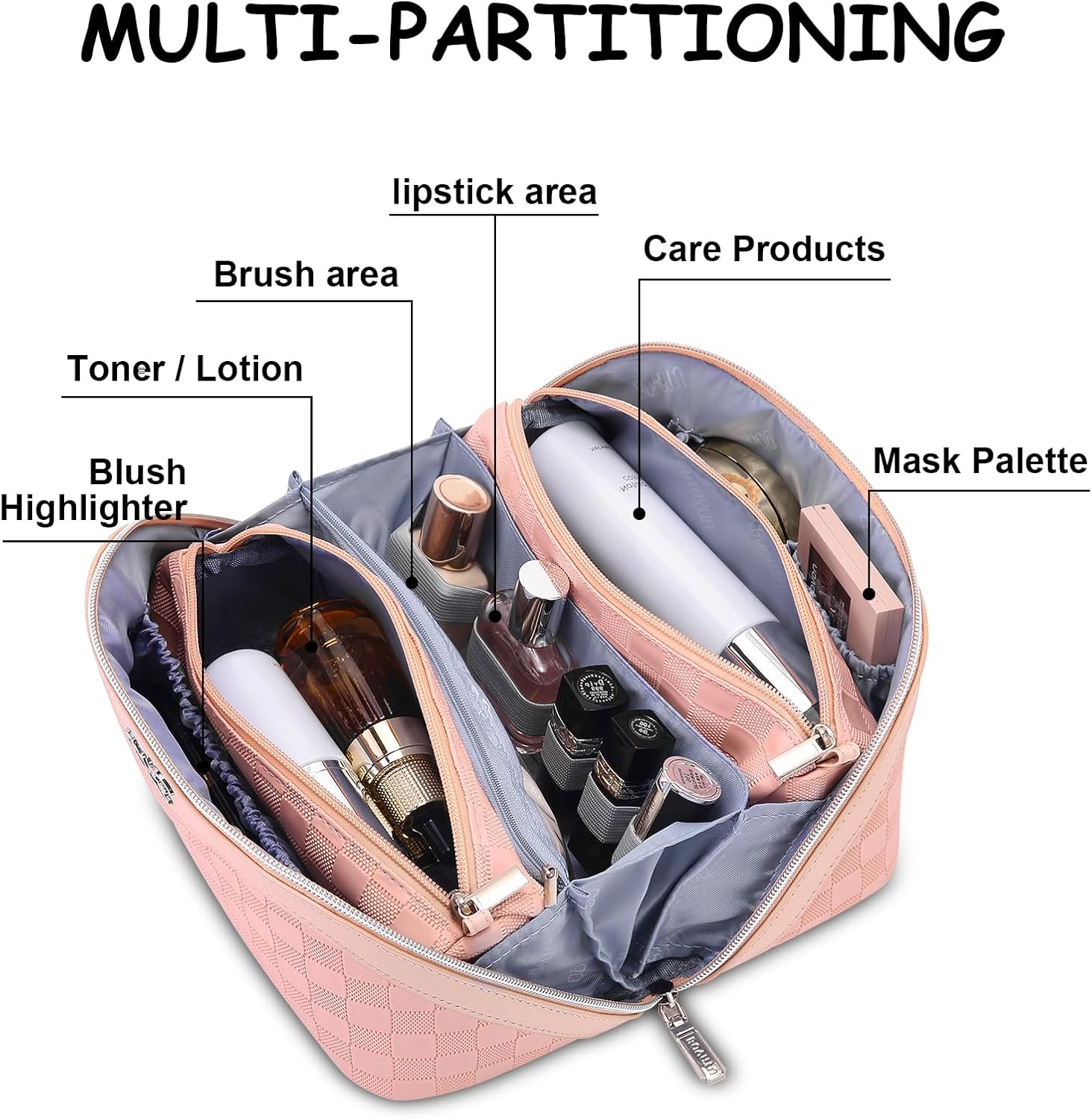 BOYATU Travel Makeup Bag Organizer Cosmetic Bag: 3 Pcs Set Make up Bags for Women with Handle - Waterproof Vegan Leather Toiletry Bags Travel Essentials Pouch with Compartments (01-D-Pink) - Image 6