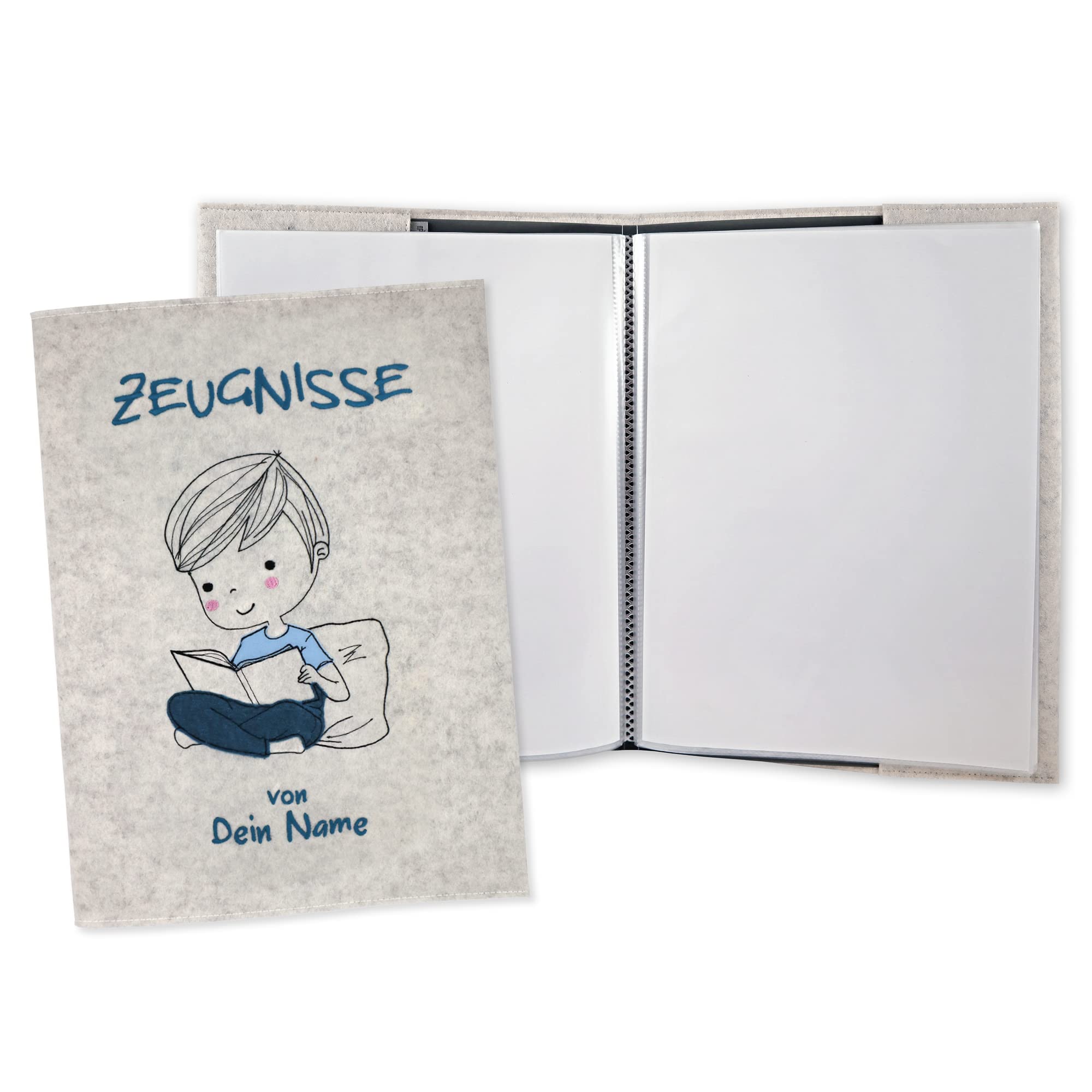 Zeugnismappe Bücherwurm weiß personalisiert mit Namen 100% Wollfilzumschlag und Sichtbuch DIN A4 mit 20 Hüllen