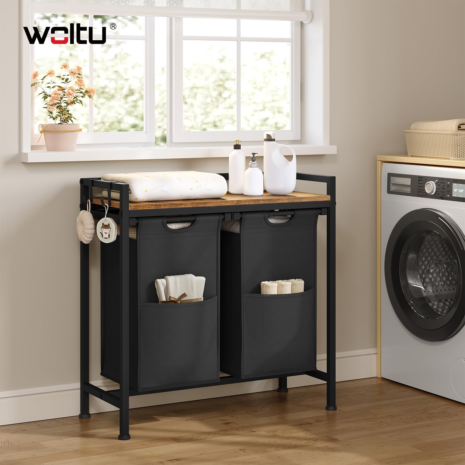 WOLTU Panier à Linge 2 Compartiments, 40L/Panier, avec Étagère, Sac à Linge en Tissu Oxford Amovible, Cadre en Métal, Marron Rustique+Noir