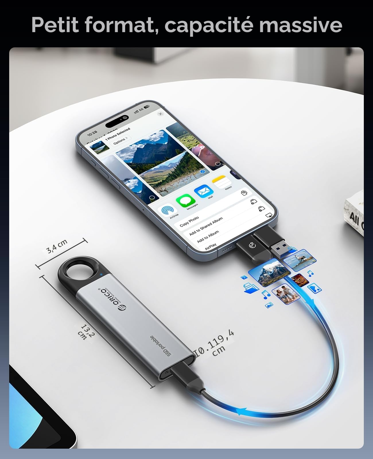 ORICO SSD Externe 1To USB3.2 Gen2 1050 Mo/s avec Câble 2-en-1