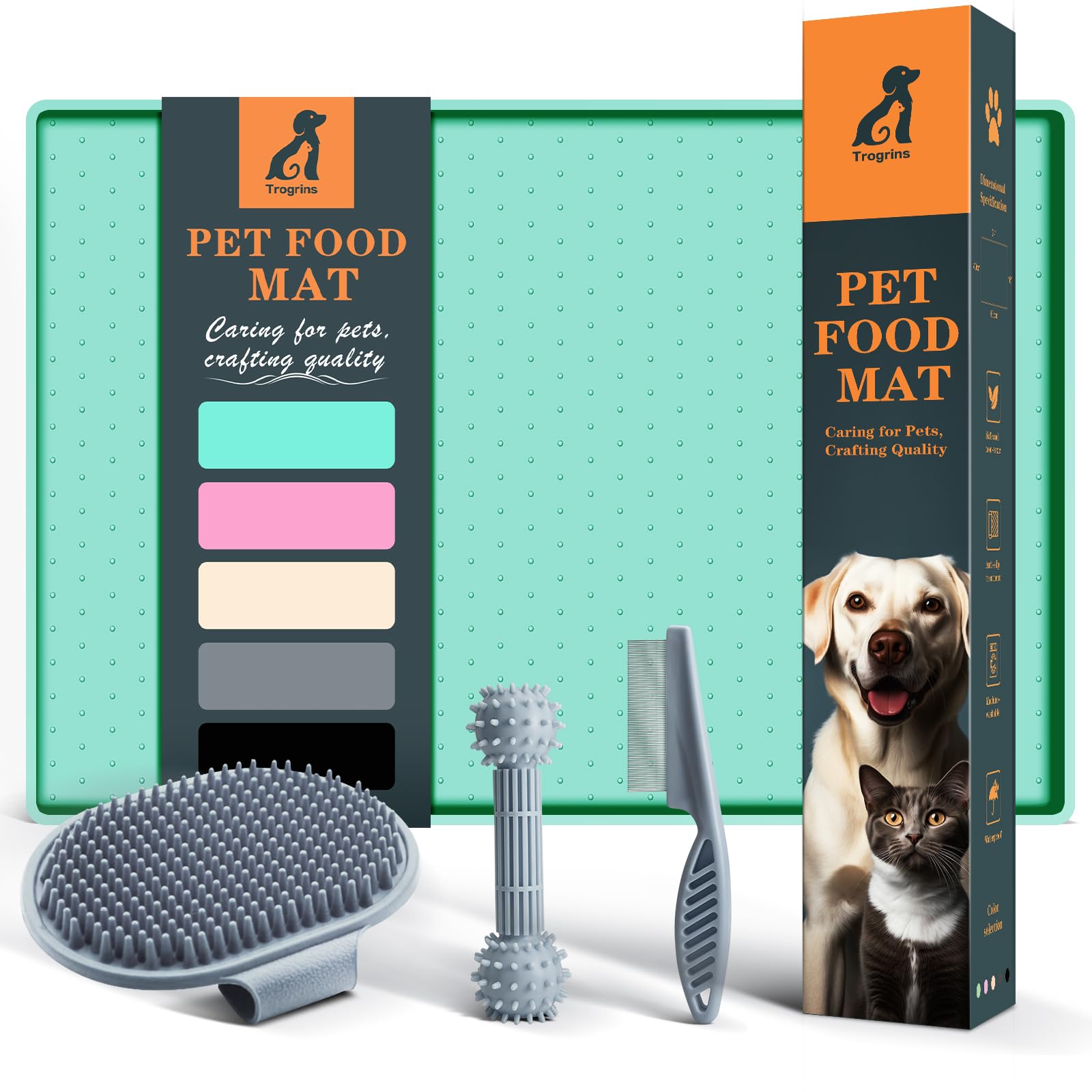Trogrins Dog Food Mat - Bonus with 3 PCS Pet Kit Including Comb, Brush, and Chewing Toy, Waterproof Silicone Pet Feeding Mat for Food and Water, Raised Edge Cat Tray, Size: Small (19"x12") - Black