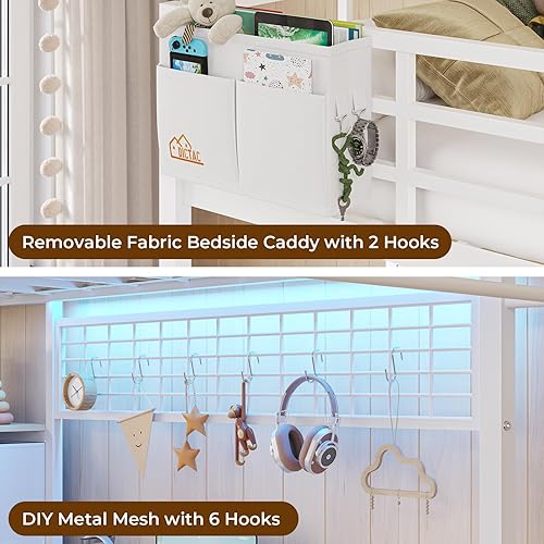 Miniatura 8 de DICTAC Cama tipo loft de tamaño individual con escritorio en forma de L y 7 cajones de almacenamiento, cama alta de metal para niños con luces LED y