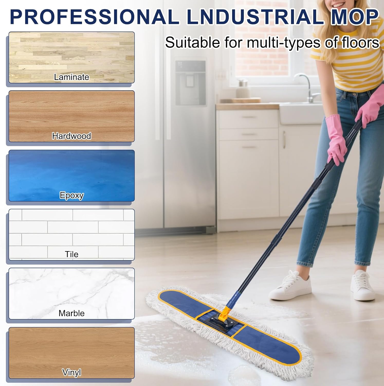 KeFanta 36" Commercial Dust Mops for Floor Cleaning,Industrial Dry Wet Mop with Heavy Duty Long Handle,2 Large Cotton Washable Mop Pads,for Hardwood,Tile,Concrete,Laminate,Garage Floors(Blue)