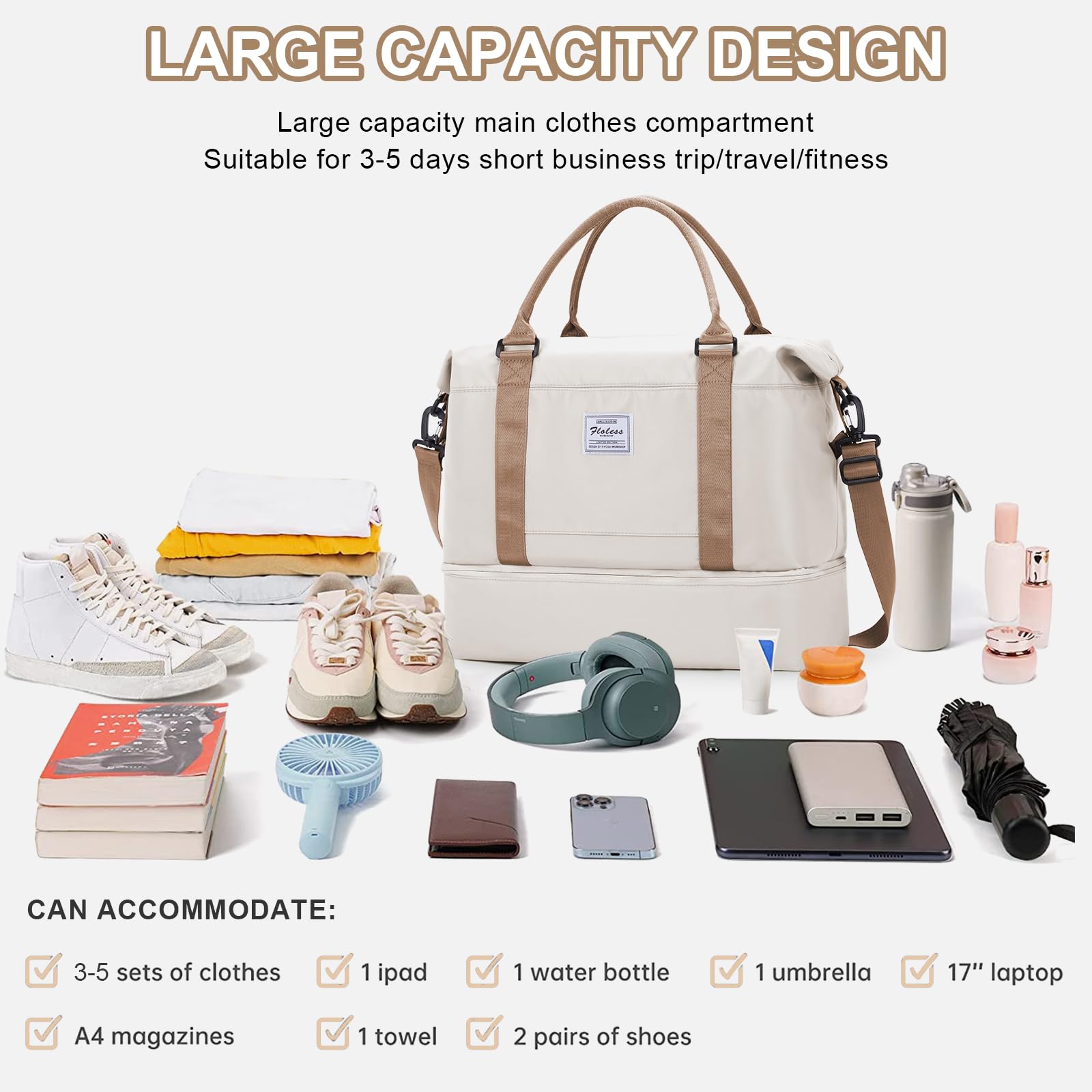 WEPLAN Borsa da Viaggio Donna Borsa da Viaggio Aereo 45x36x20 Easyjet Bagaglio a Mano Borsa Sportiva Unisex Weekender con Scomparto per le Scarpe Borsone Palestra Donna Ospedale,Beige Marrone L