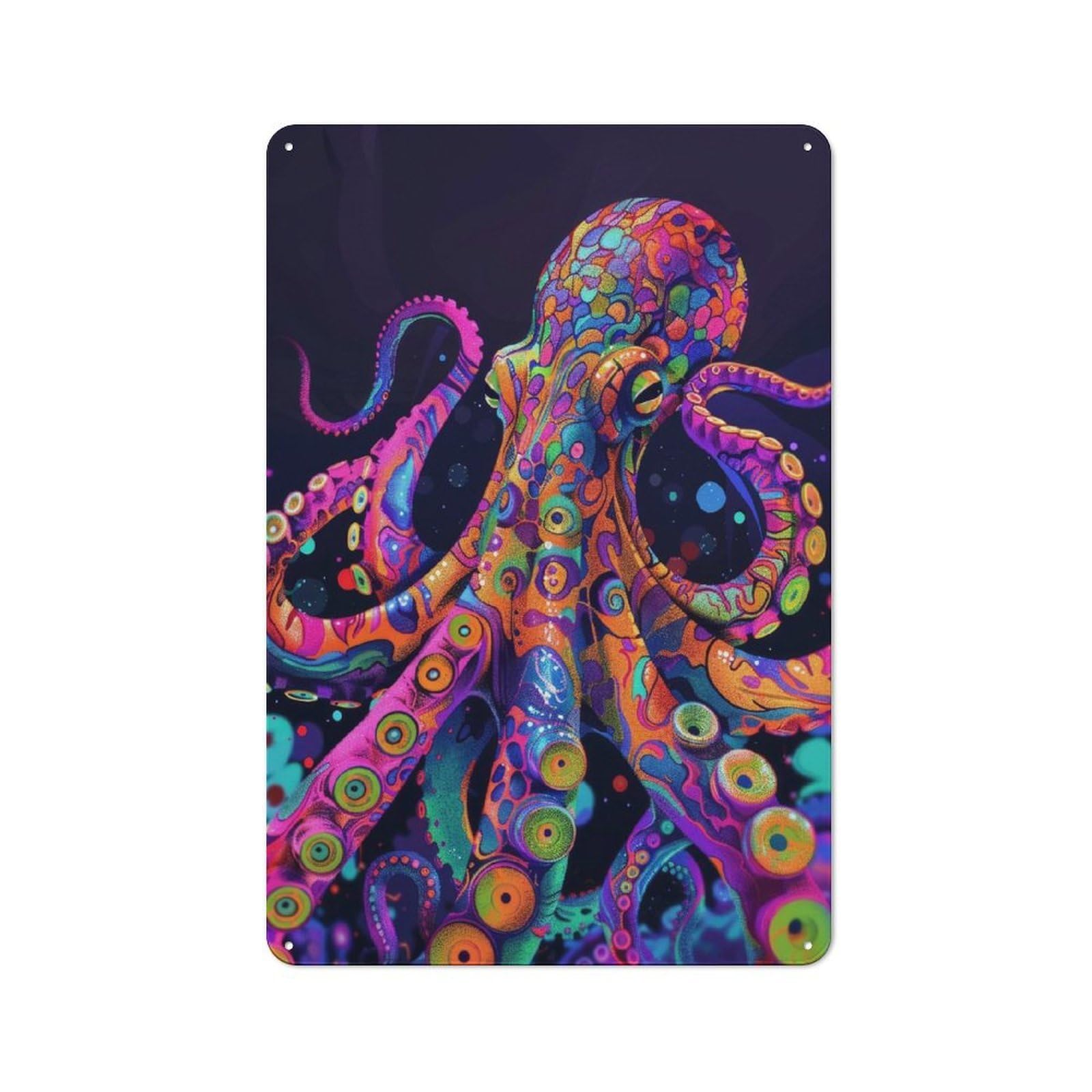 Junmoney Style-9 Tin Wall Plaque 30X20cm With Psychedelic Neon Octopus For Hallway Wall, Suited To Hallway Decor Lovers, For Retro Home Interiors