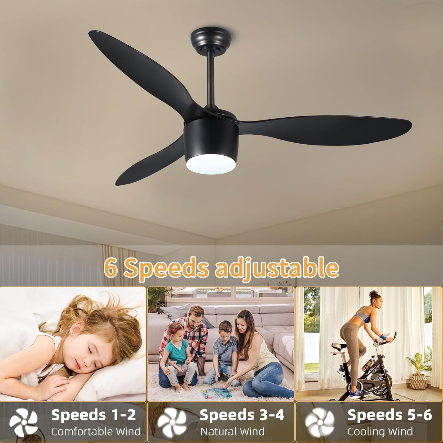 Ceiling Fans with Lights and Remote Black,Quiet Reversible DC Motor 52in Ceiling Fan,Indoor Outdoor Ceiling Fan with 2-Downrods