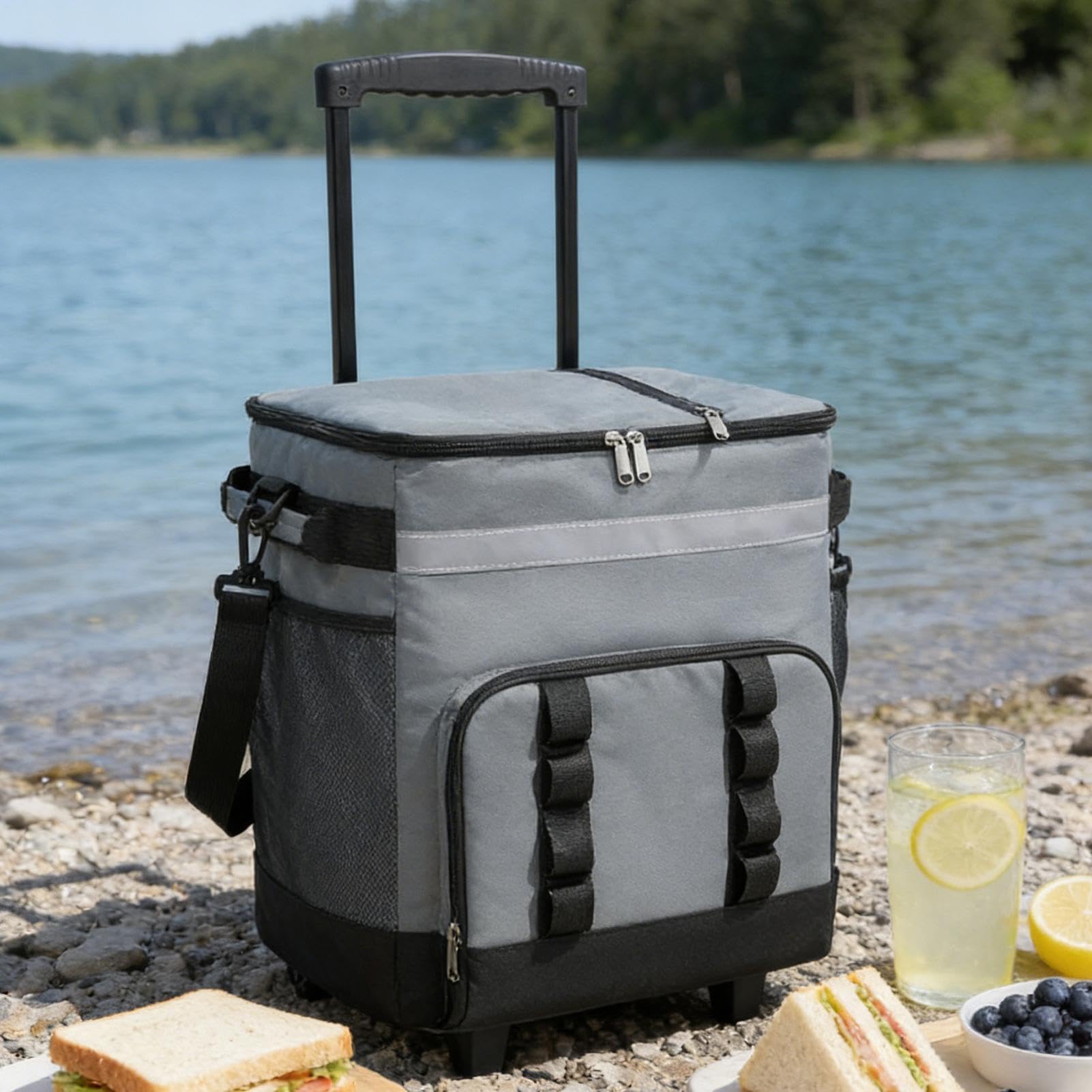 Rolling Cooler - Borsa termica da 35 l, borsa per il ghiaccio portatile, a prova di perdite, trolley per esterni, grande capacità, portaoggetti da viaggio, manico retrattile, carrello rimovibile