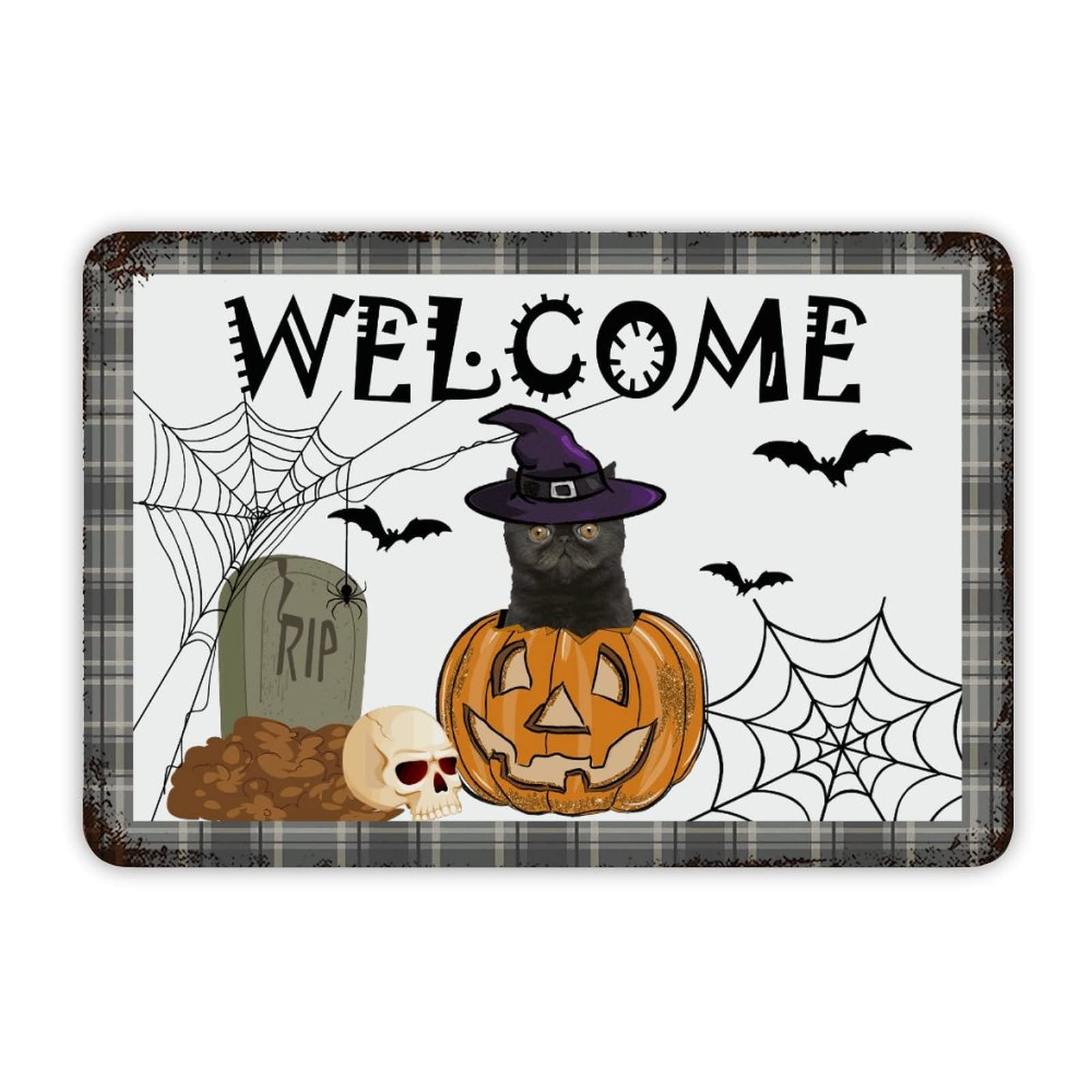 ENEDNATE Happy Halloween Witch Hat Cat Pumpkin Welcome Aluminum Tin Metal Sign for Indoor Outdoor Business Retail Store Patio Yard Home Decoration Easy to Mount Wall Art Print Poster 8x12 Inch