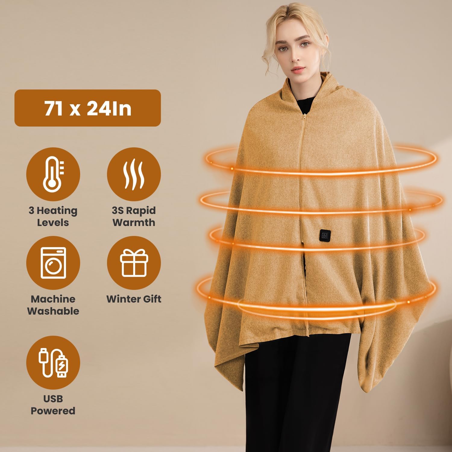 iMounTEK USB Electric Blanket 71x24 inches Heated Shawl Wearable Heating Blanket Electric Throw Wrap with Zipper 3 Heating Levels Machine Washable for Outdoor Home Office Indoor/Gift(Normal Camel) Camel 71x24 Inch