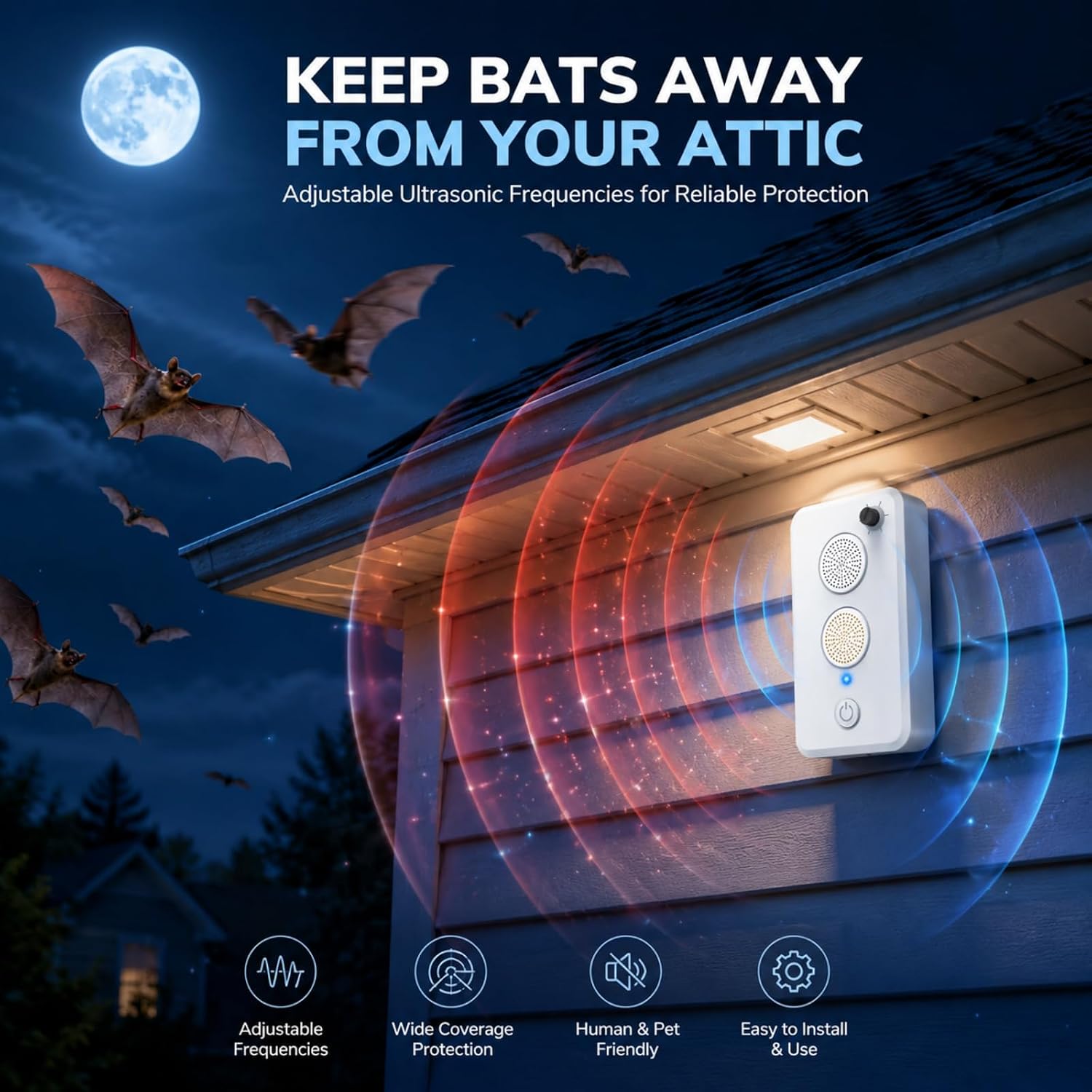 Condition photo showing New/Like New for 2026 ultrasonic bat repeller outdoor indoor 2 pack,adjustable dual speaker woodpecker bird deterrent,keep bats birds away balcony attic garage barn,usb rechargeable bat bird pigeon repellent removal 2 pcs
