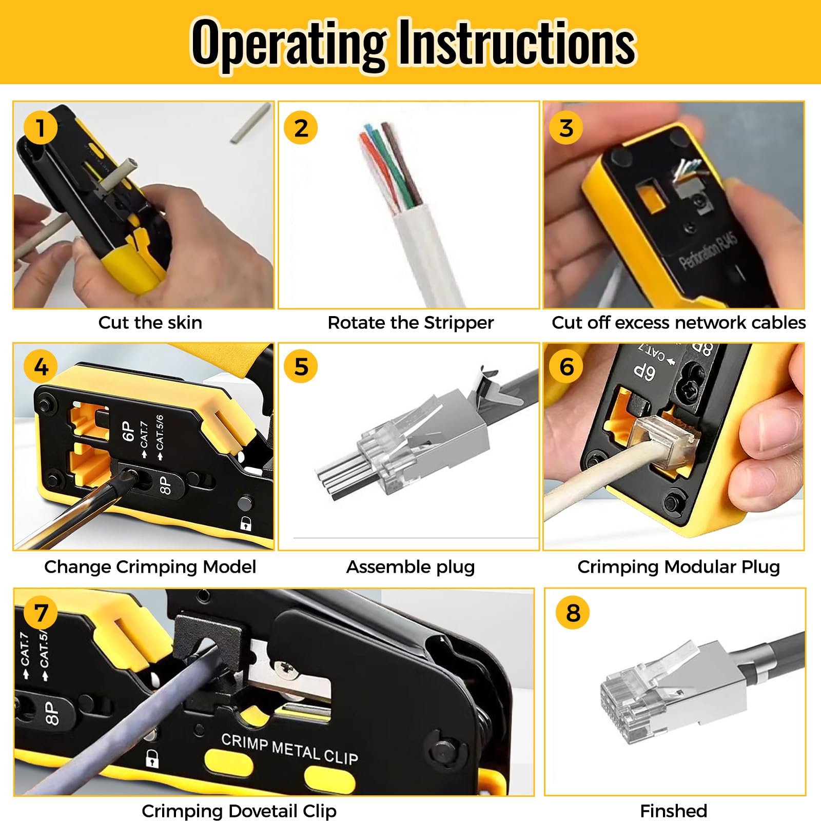 Kit di attrezzi di rete, pinza crimpatrice RJ45 con tester di rete, pinza spellafili, strumento punch down, cacciaviti, kit di riparazione di rete professionale RJ45 con custodia per il trasporto