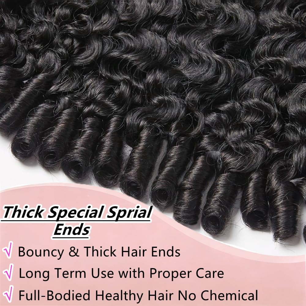Burmese Curly Bundles Human Hair with 5x5 HD Lace Closure Plucked 12 14 16 Inch+12 In, 12A 100% Unprocessed Brazilian Virgin Hair Water Wave Quick Weave Bundles with Spiral Curly Ends Natural Black