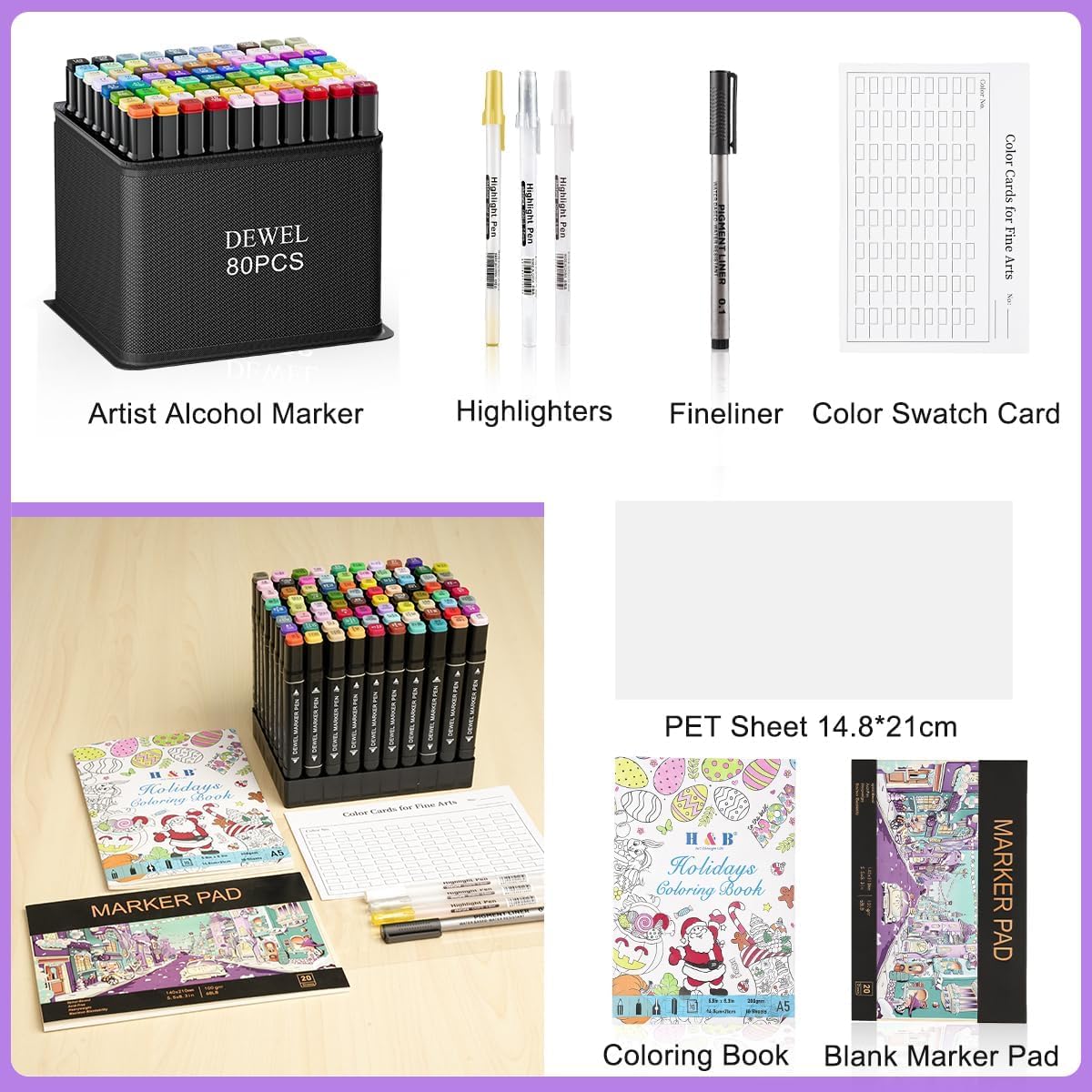 DEWEL 120 Farben Alkohol Marker Set - Doppelseitige Marker Filzstifte, Schnell Trocknende Marker - mit Skizzenbuch, Malbuch, Glitzerstifte und Fineliner - Ideal für Design, Malerei, Manga