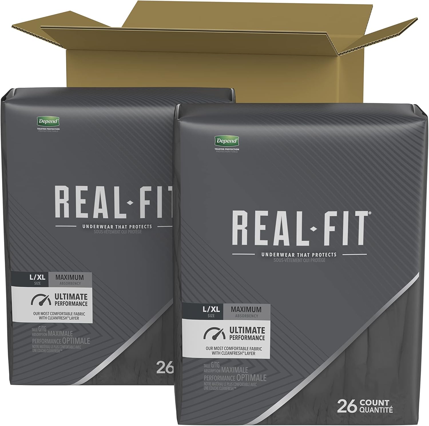 Depend Complete Protection Package: Real Fit Incontinence Underwear for Men (Size L/XL, Black, Maximum Absorbency, 52ct) & Incontinence Guards for Men (Maximum Absorbency, 104ct)